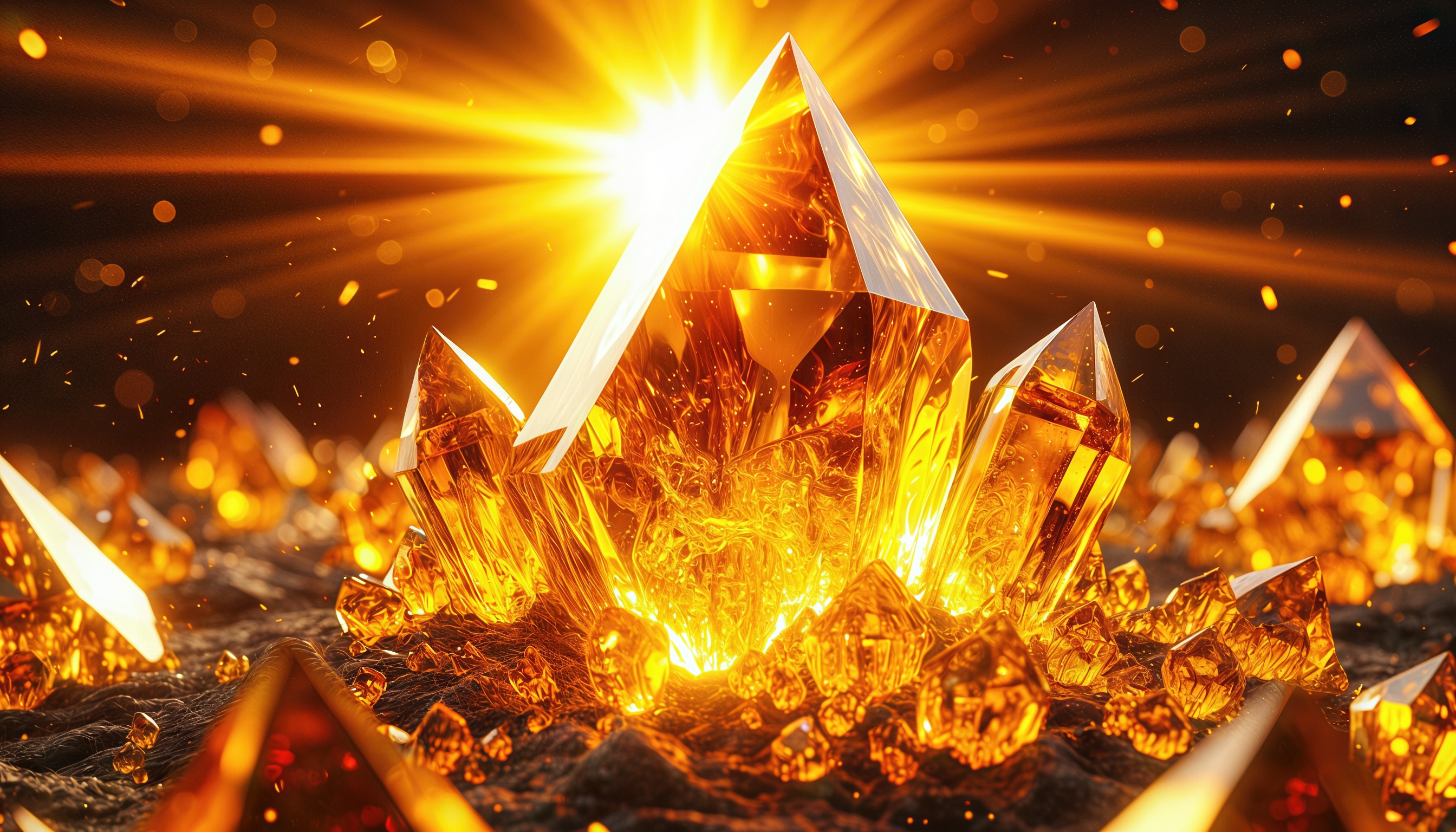 Бесплатное фото Золотые кристаллы, окруженные огнем и световыми эффектами.