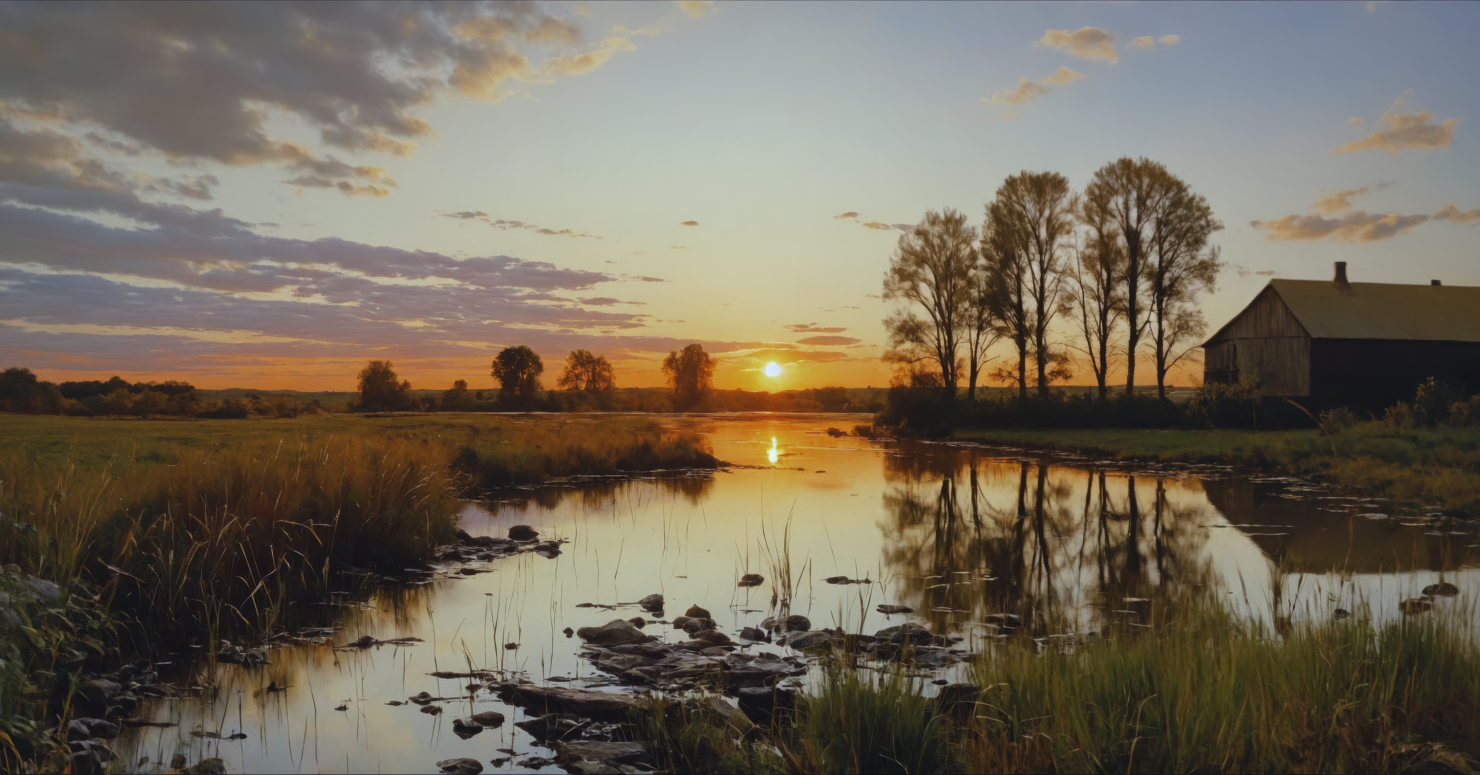 Бесплатное фото Сельский закат на водоеме