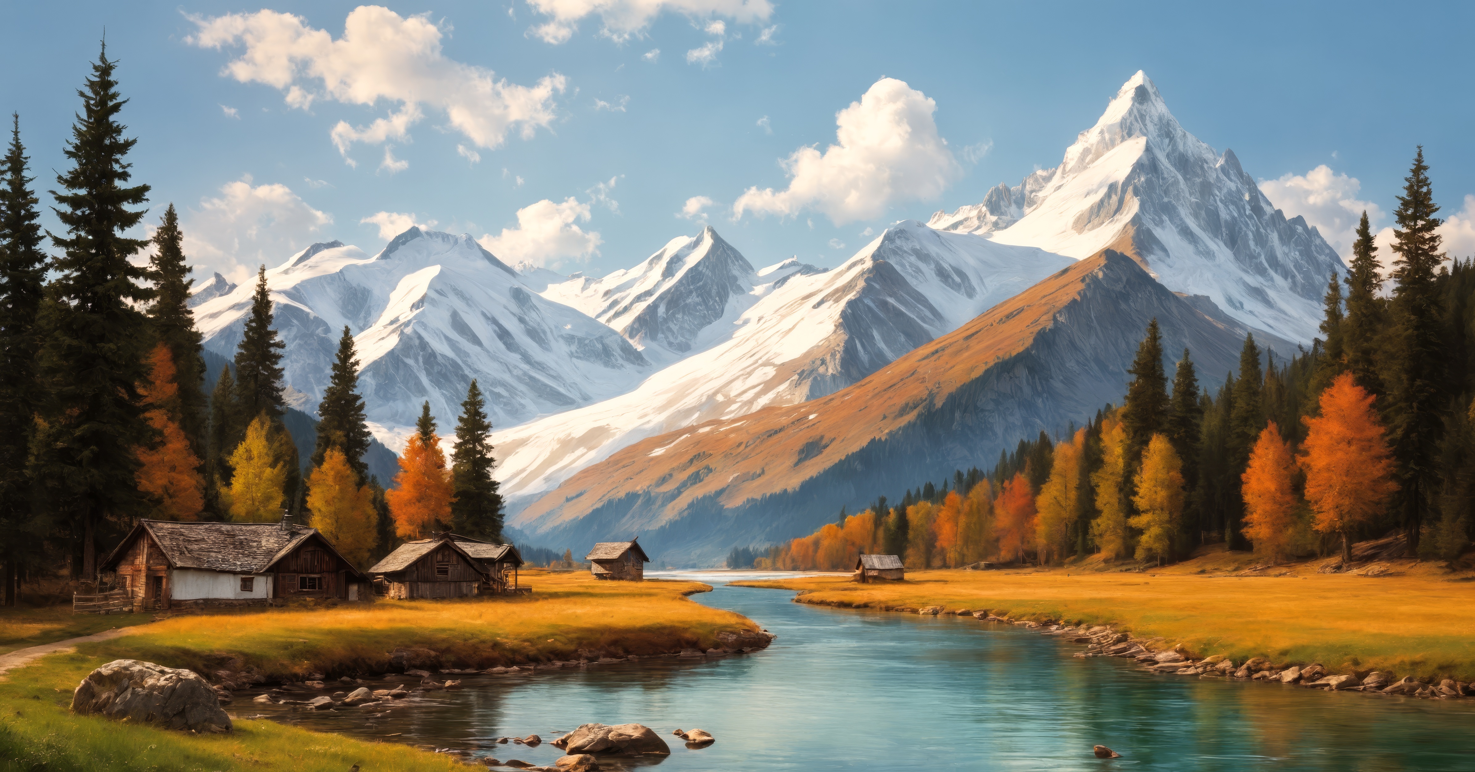 Free photo A beautiful mountain scene features a river and cabins