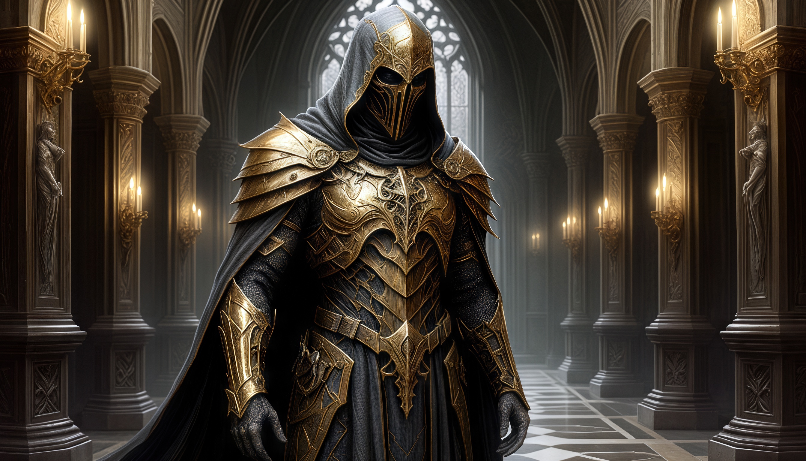 Бесплатное фото Мужчина в массивных доспехах, стоящий в готическом соборе, окруженный колоннами и статуями.