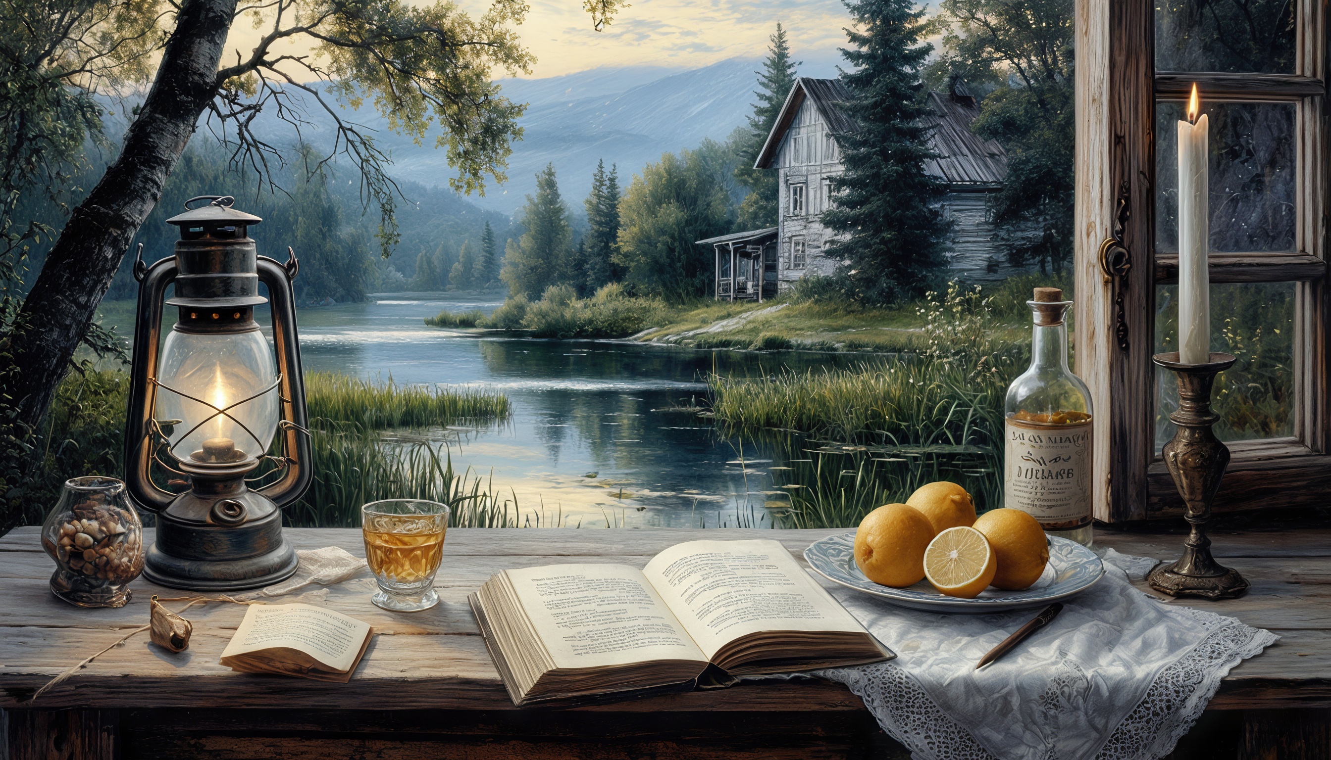 Бесплатное фото Атмосфера уюта и спокойствия деревенского пейзажа с озером, лесом, домом и предметами быта на переднем плане.