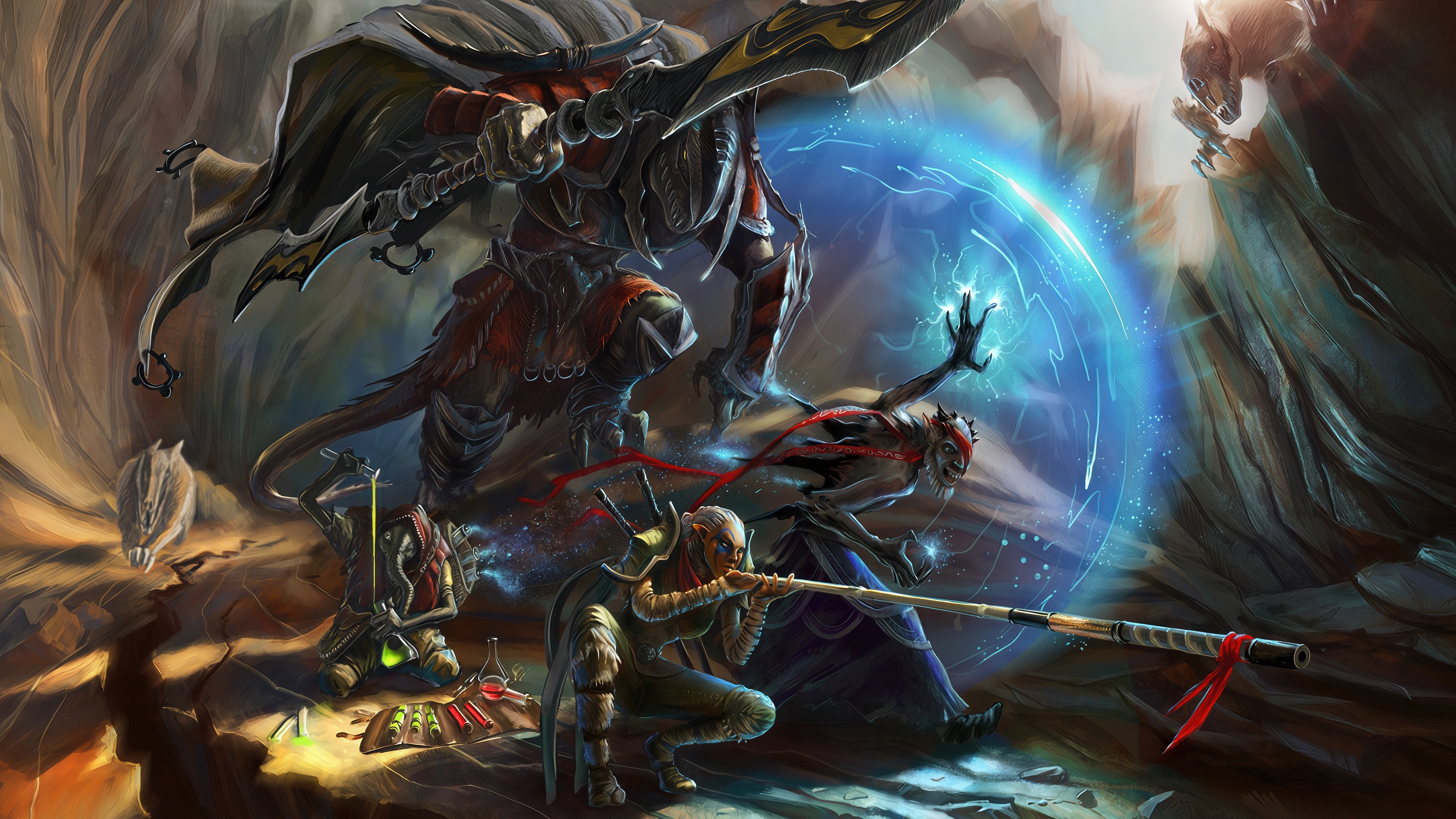 Бесплатное фото Эпический фэнтези арт: группа союзников применяют магию и алхимию.