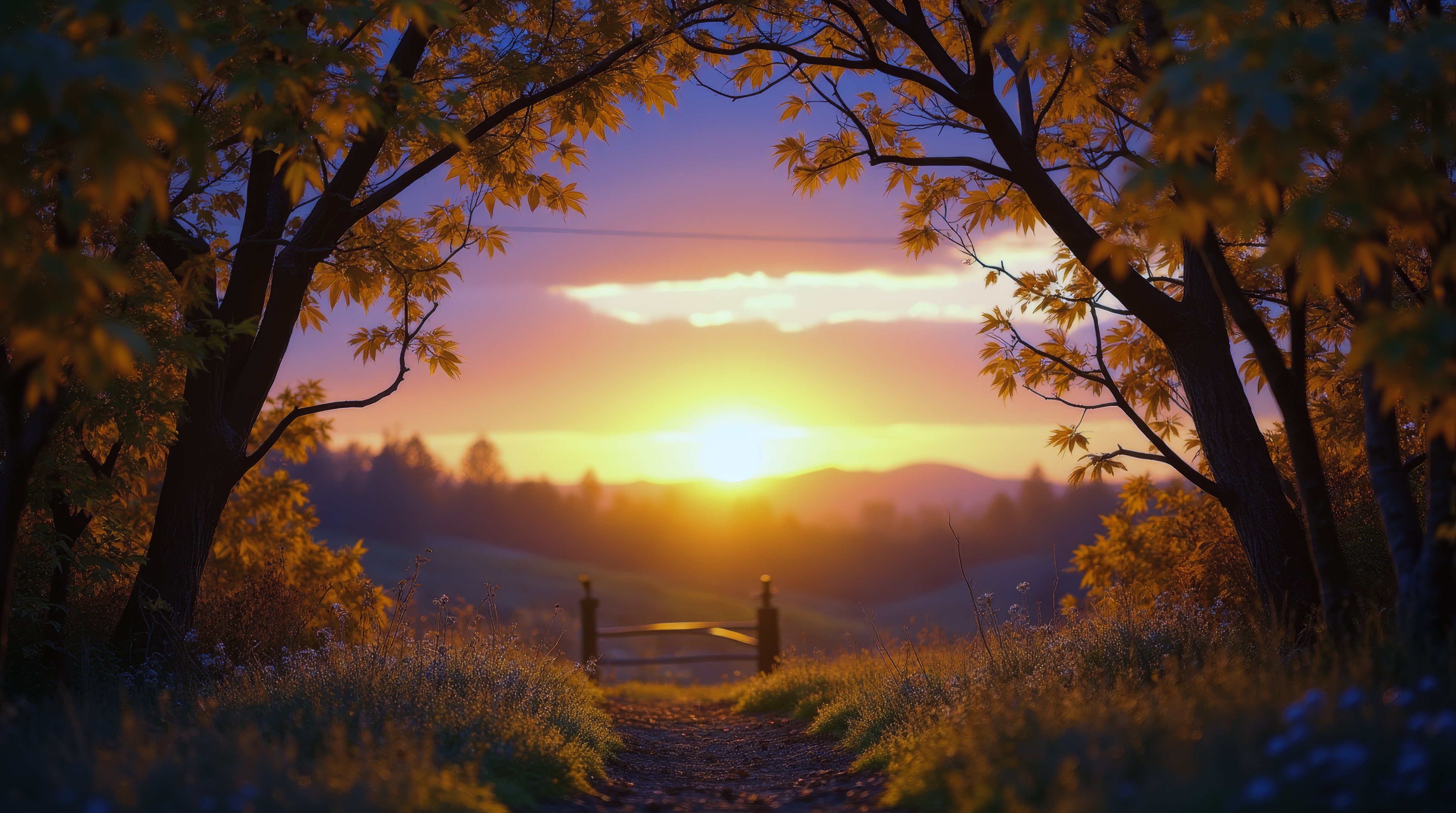 Бесплатное фото Закат на открытой местности, с деревьями и воротами