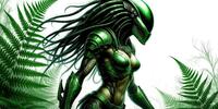 Женщина Predator в зеленом боевом костюме с характерными чертами внешности на фоне папоротников.