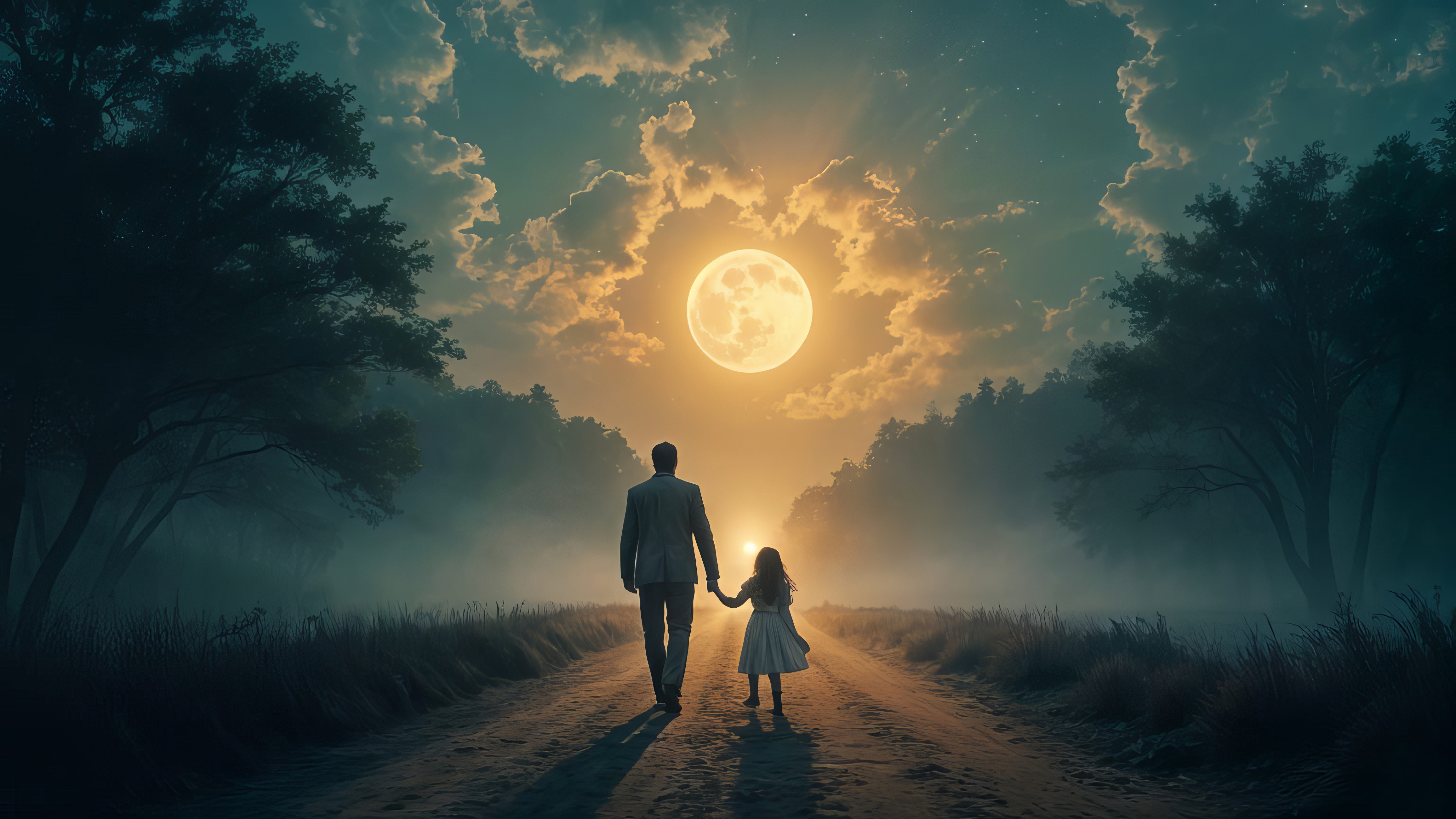 Бесплатное фото Мужчина и девушка идут по дороге темной и туманной ночью