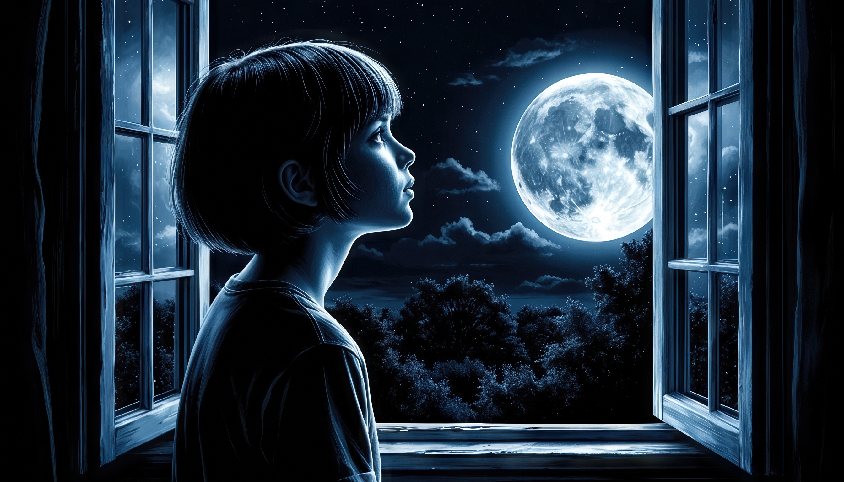 Бесплатное фото Мальчик у окна, смотрит на луну.