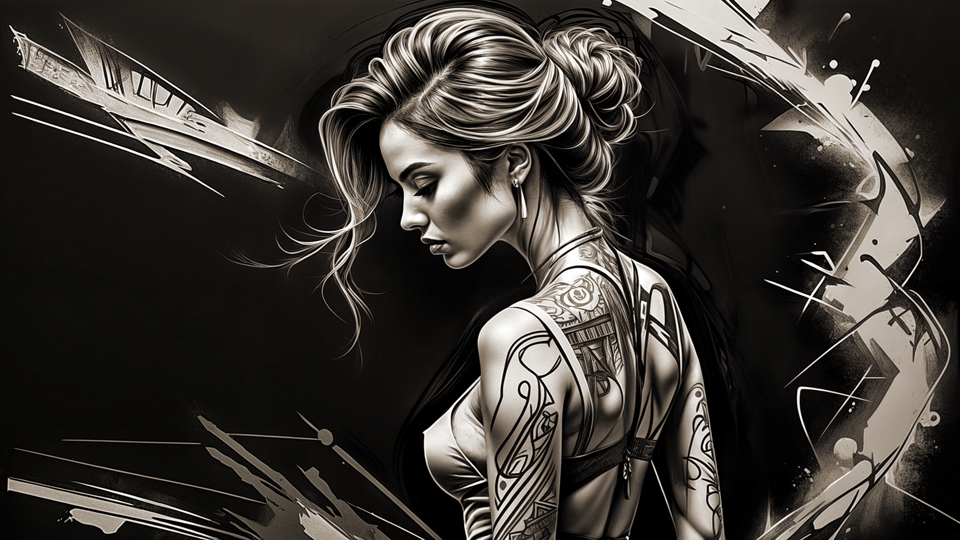 A drawing of a girl with a tattoo on her back