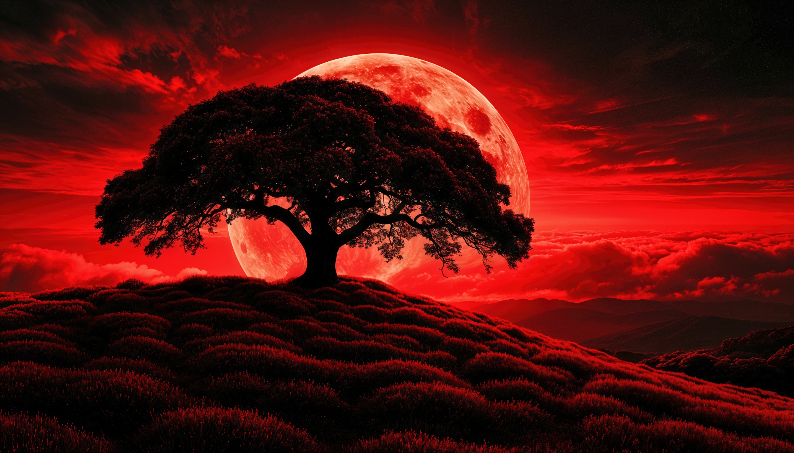 Бесплатное фото Фантастический пейзаж с одиноким деревом на фоне огромной красной луны и заката.