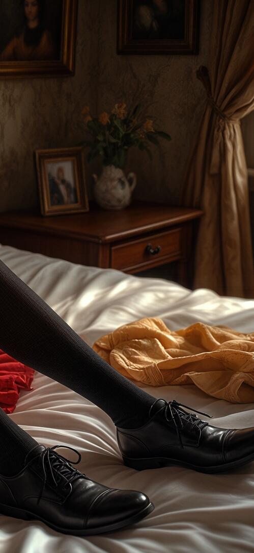 Free photo A girl in a red dress and black stockings is lying on a bed in a room with paintings and a vase of flowers.