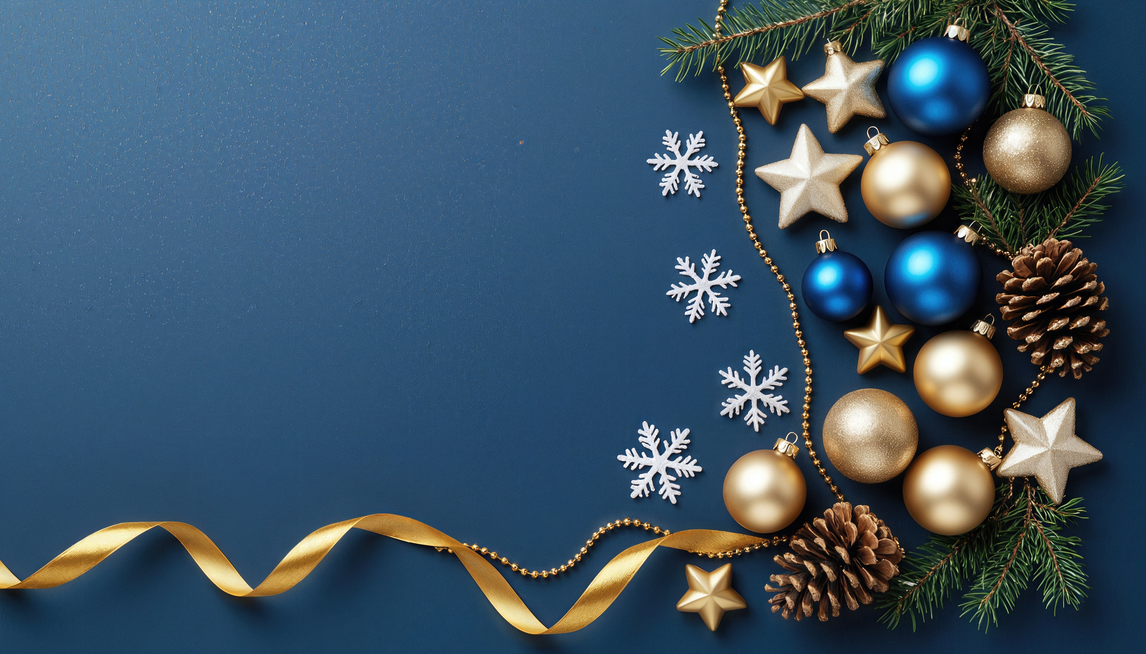 Бесплатная открытка Новогодняя композиция: хвоя, шишки, шары на синем фоне мечты.