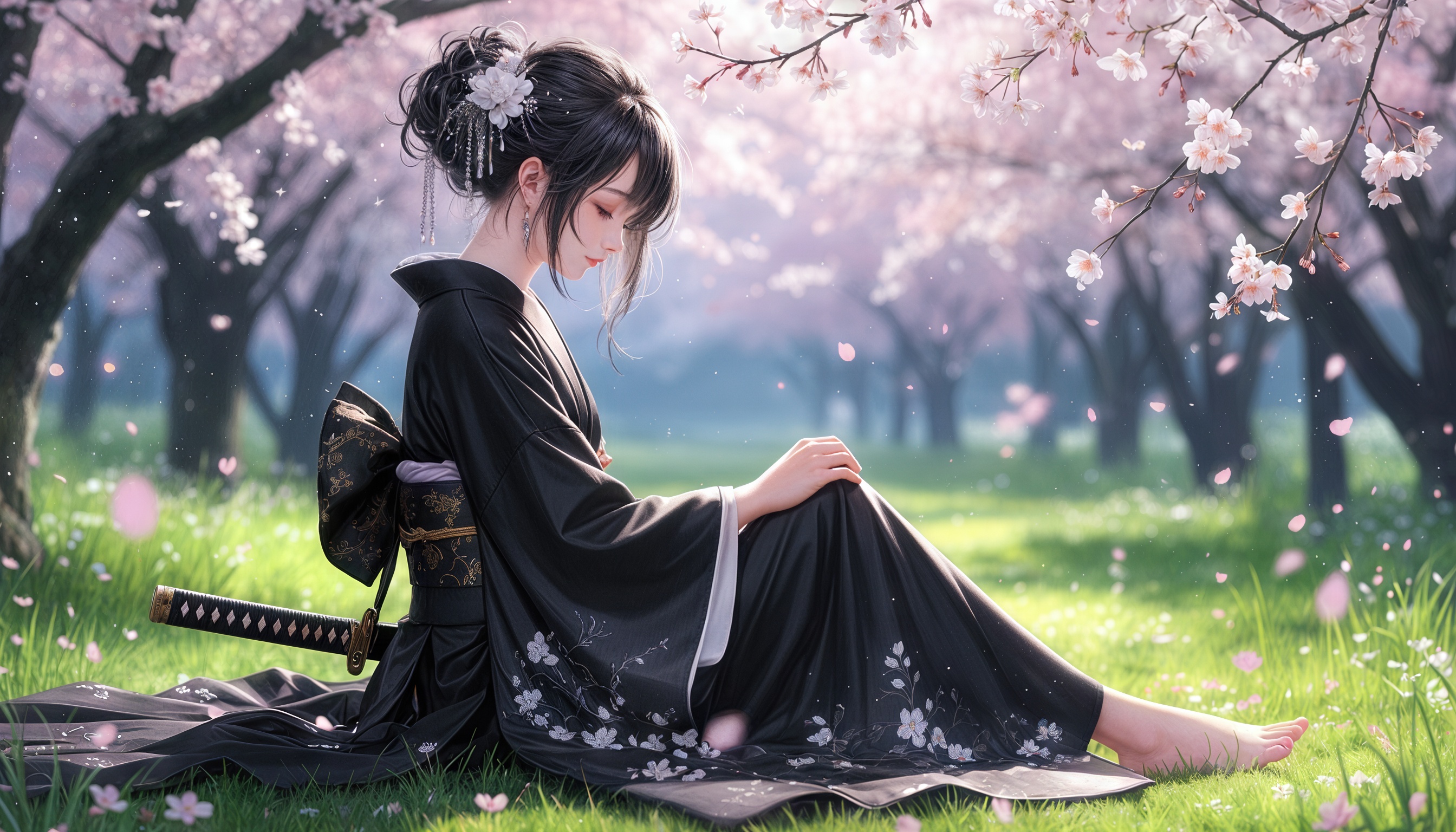 Японка в кимоно с мечом под цветущей сакурой.