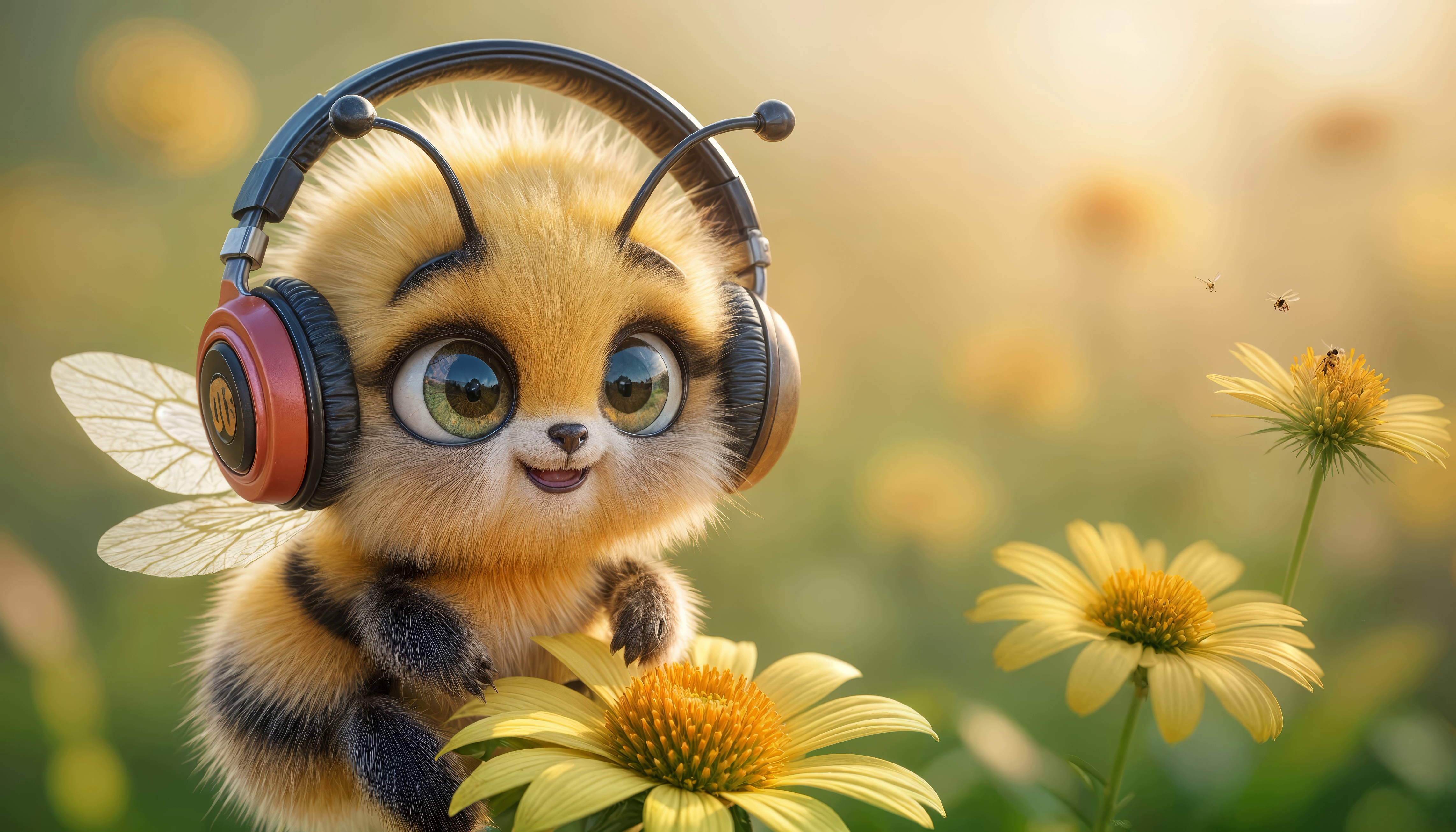 A little bee is surrounded by sunflowers wearing headphones