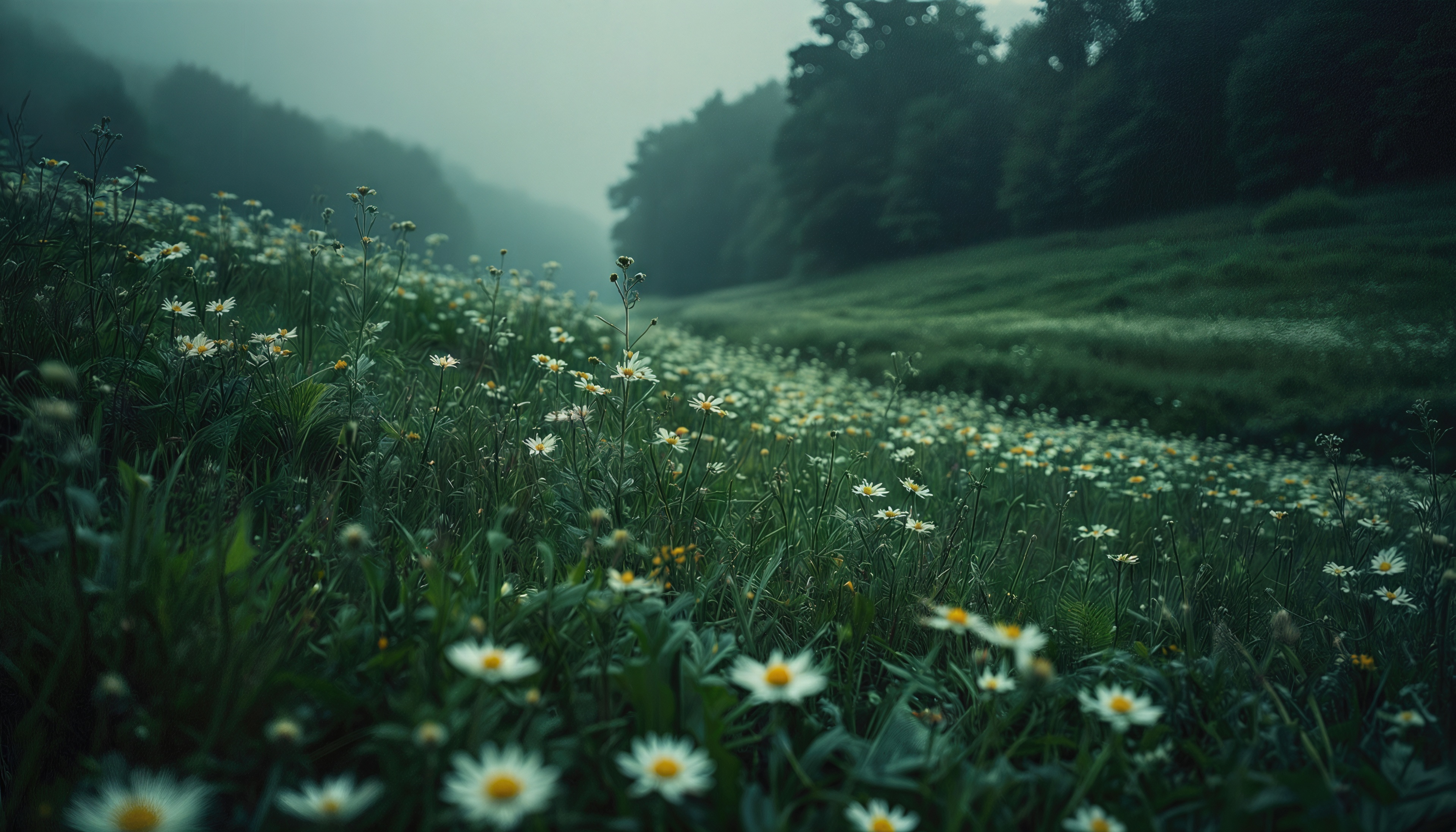 Бесплатное фото Поле с ромашками на фоне леса в тумане.