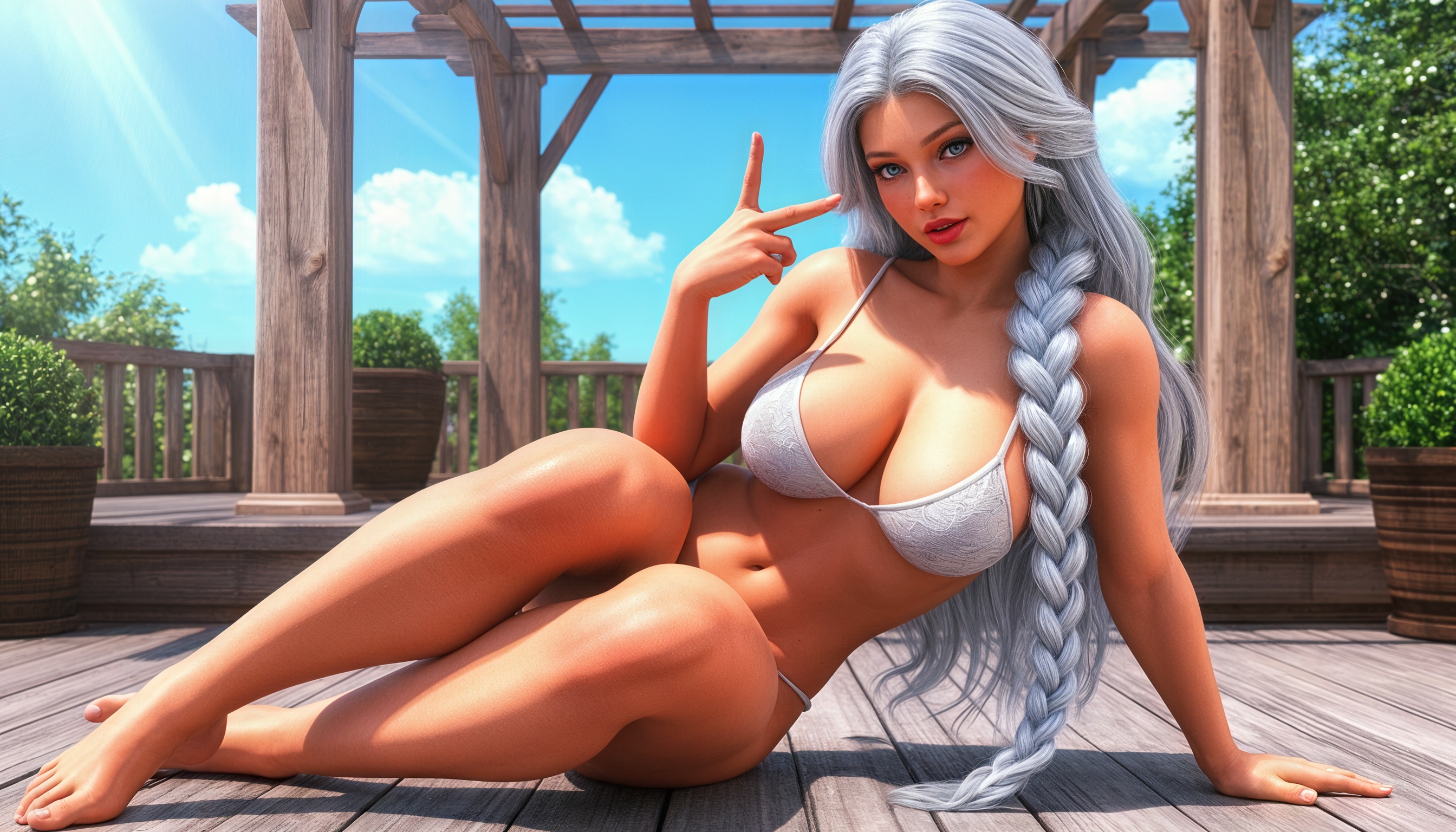 Бесплатное фото Сереброволосая девушка в белом купальнике расположилась на деревянном помосте, демонстрируя жест V.