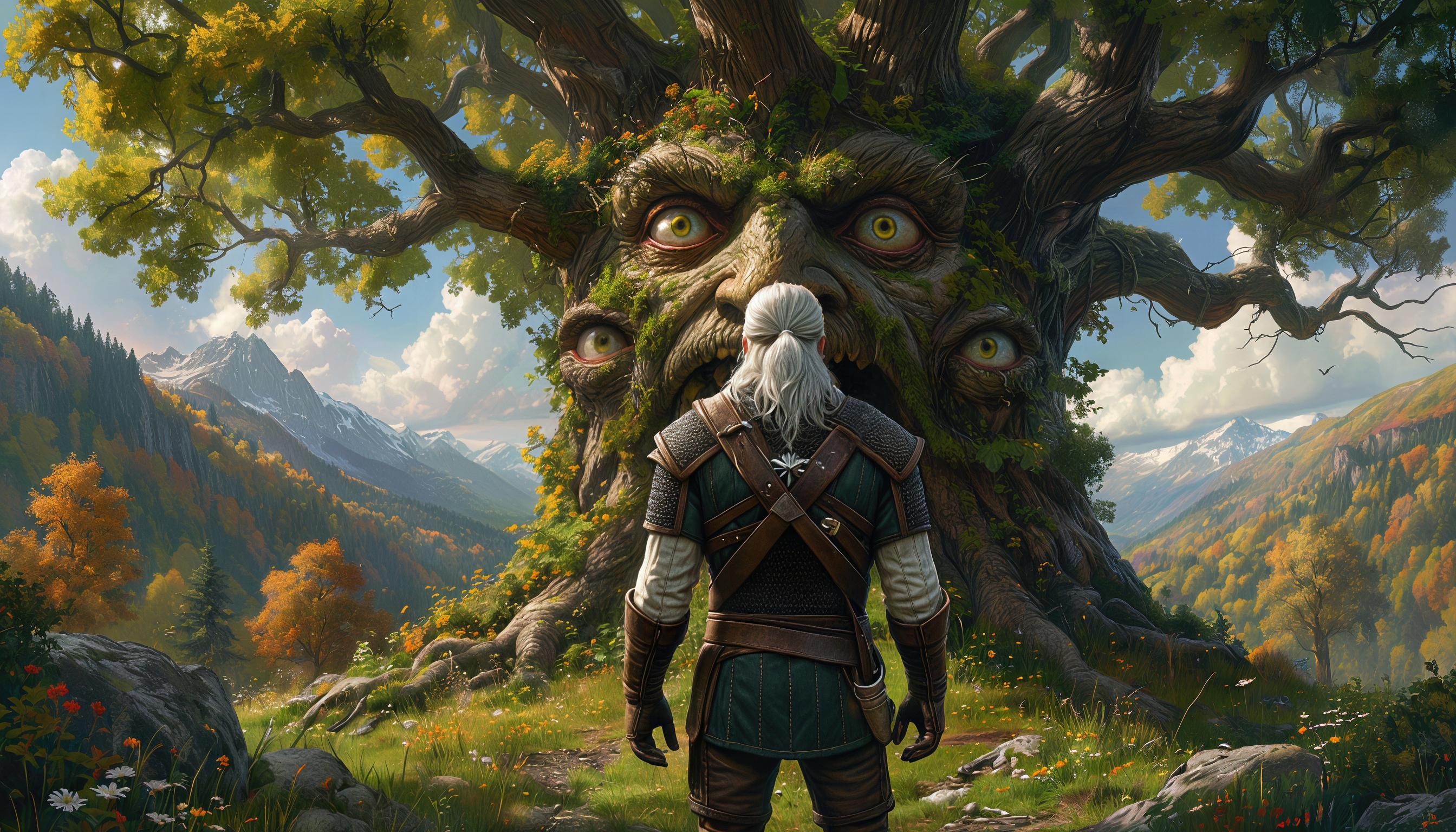 Бесплатное фото Геральд из Ривии стоит спиной к зрителю на фоне огромное дерева с глазами и ртом.