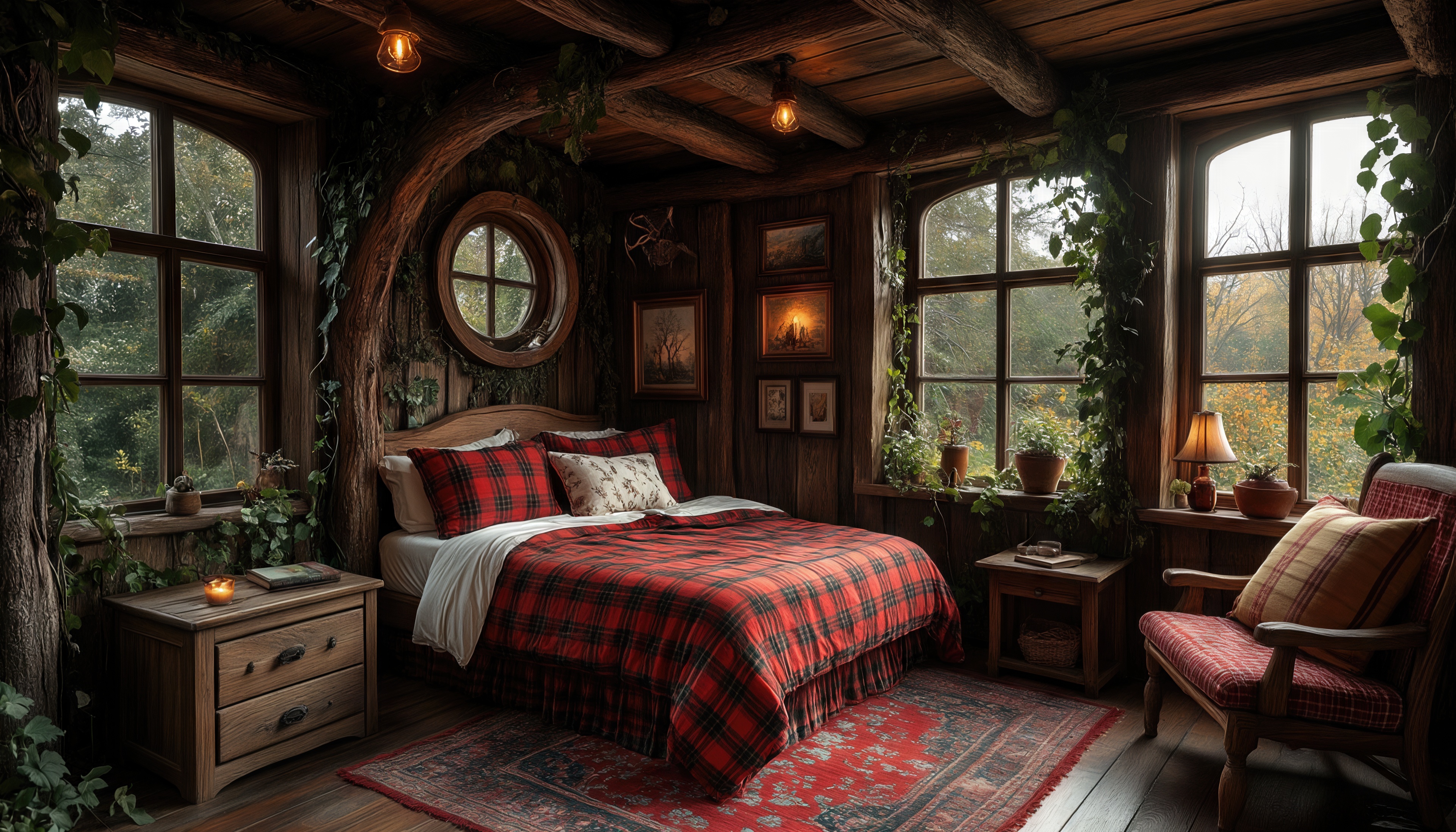 Бесплатное фото Деревянная комната с клетчатым пледом и большими окнами.