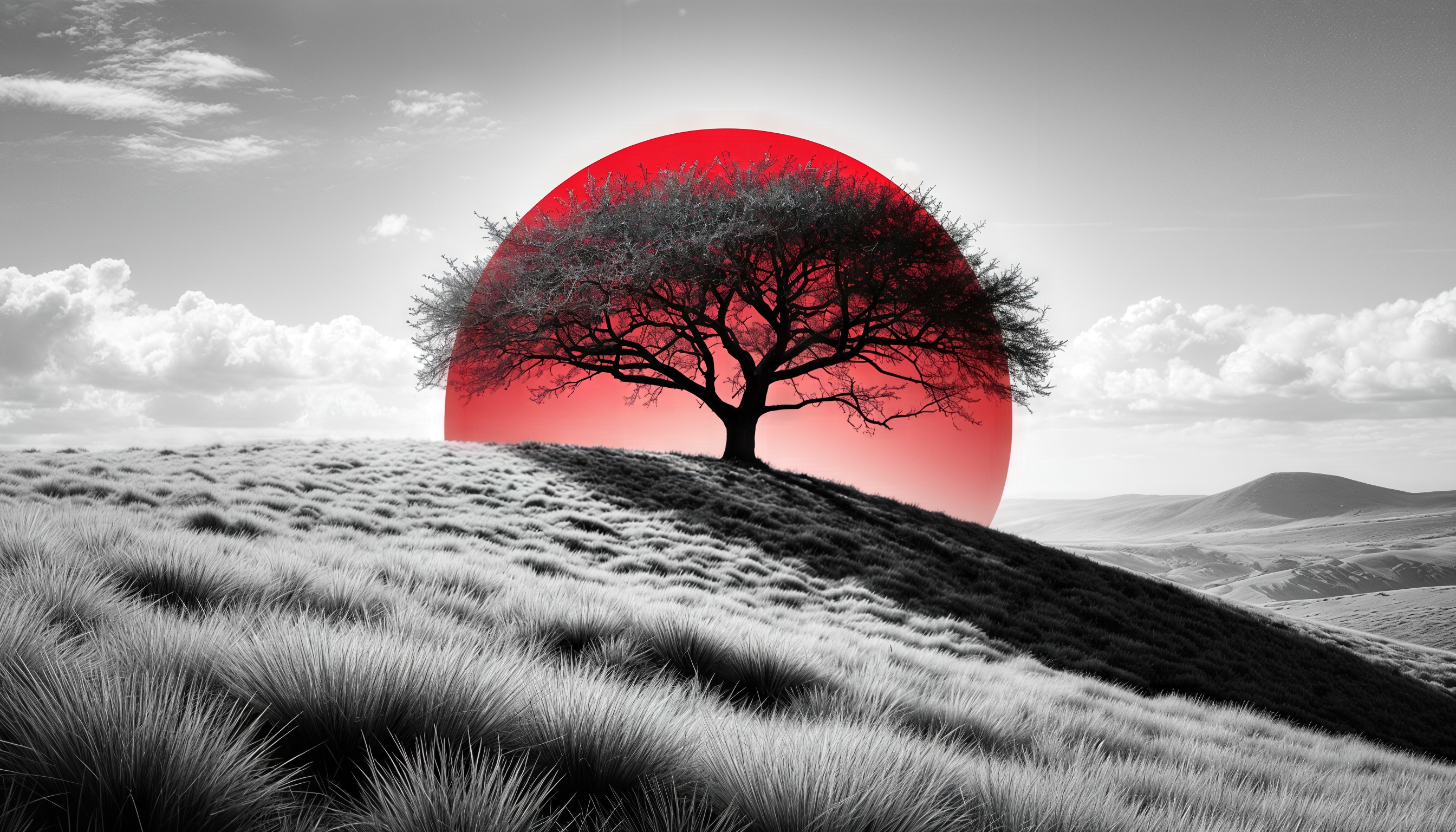 Бесплатное фото Дерево на холме на фоне большого красного круга, окружённое черно-белым небом и травой.