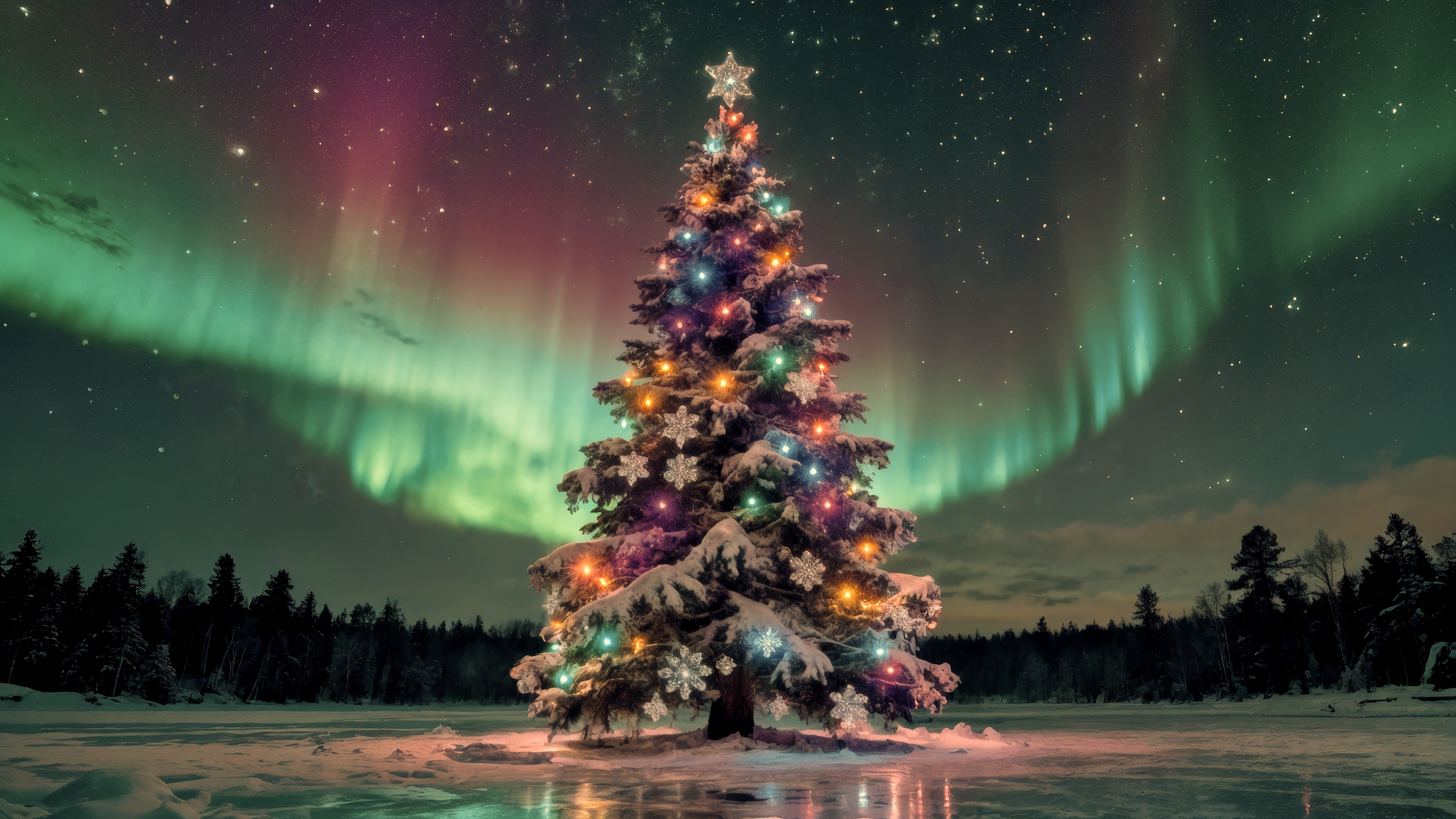 Free photo A christmas tree with many lights in front of an aurora bore