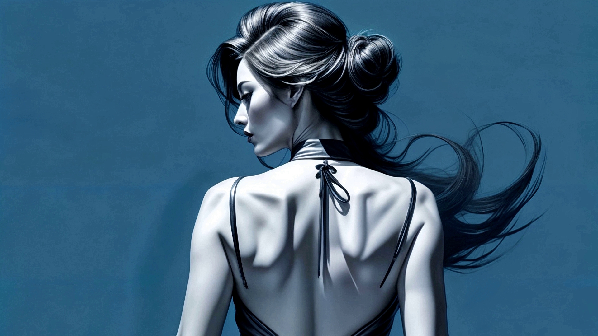 长发女孩背对蓝色背景站立