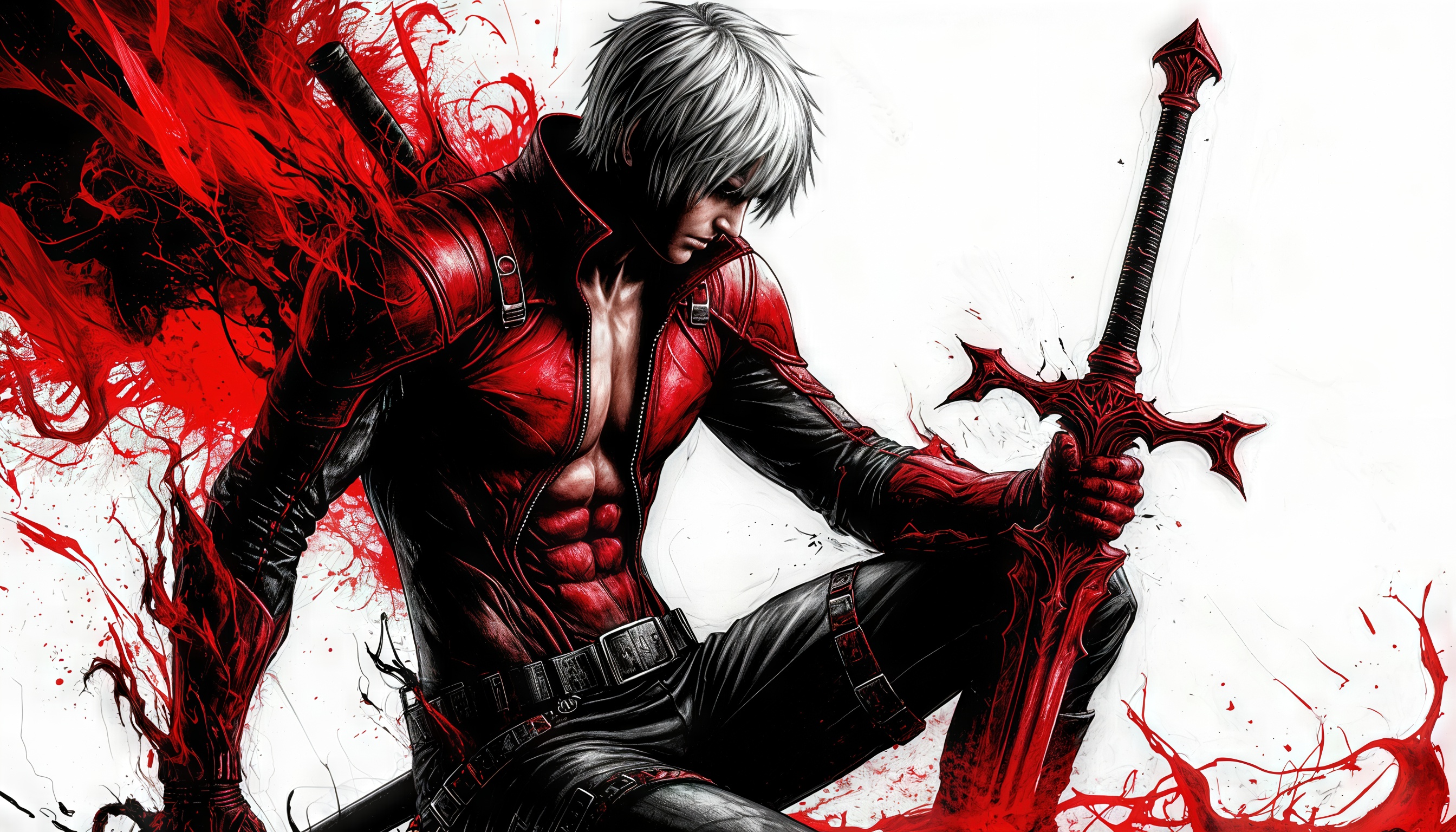 Бесплатное фото Данте из Devil May Cry в красном плаще и с мечом, на фоне кровавых разводов.