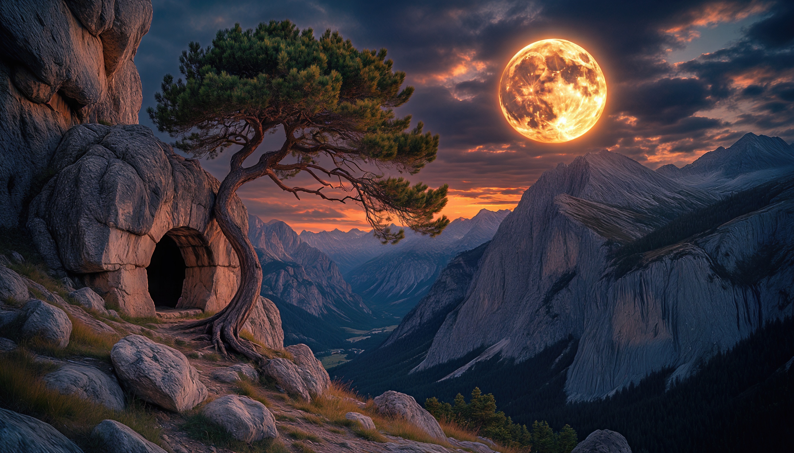 Бесплатное фото Фантастический пейзаж с деревом, растущим рядом с пещерой в скале, на фоне гор и заката с большой луной.
