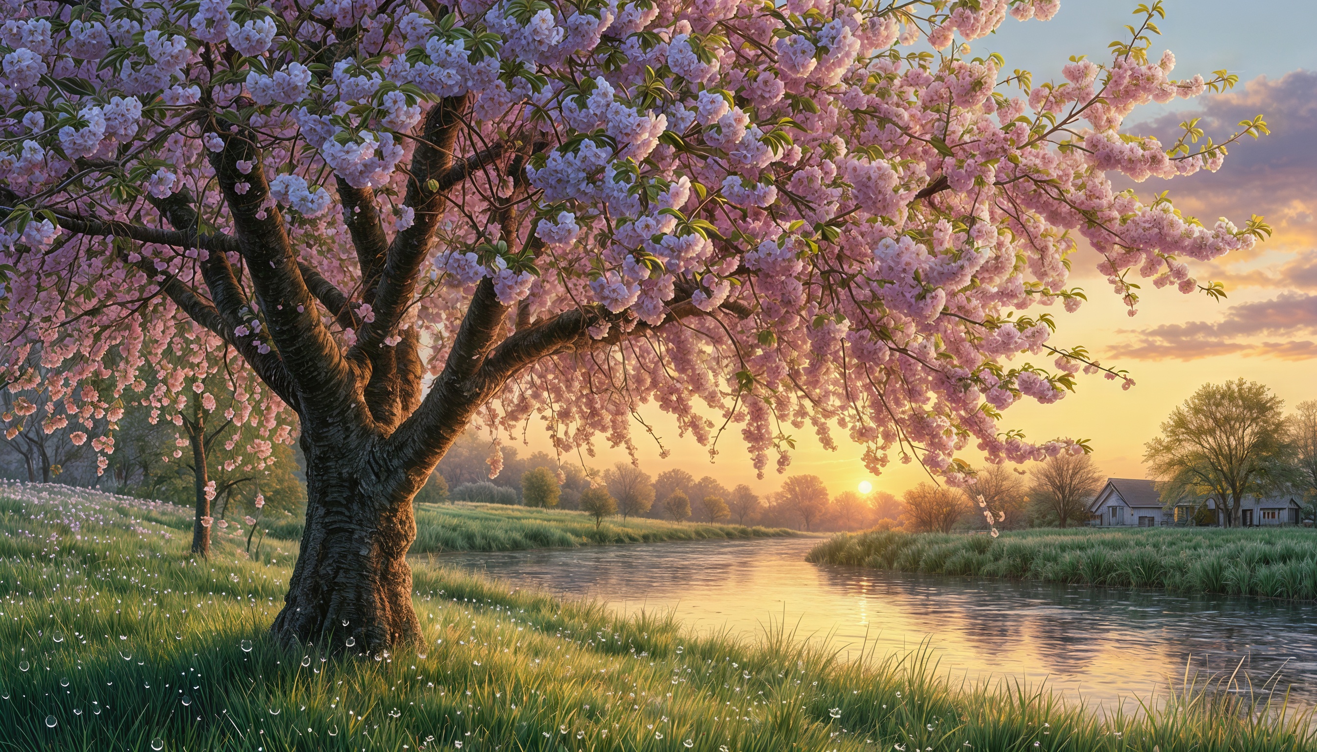 Бесплатное фото Весенний пейзаж с цветущей сакурой и рекой на фоне леса и селения.