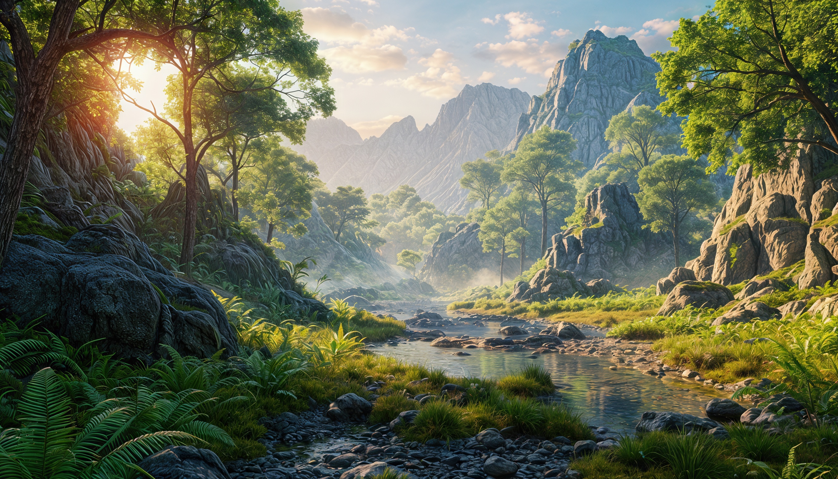 Бесплатное фото Лесной пейзаж с видом на горы вдали, извилистую реку, каменные выступы и деревья, устремляющиеся ввысь.