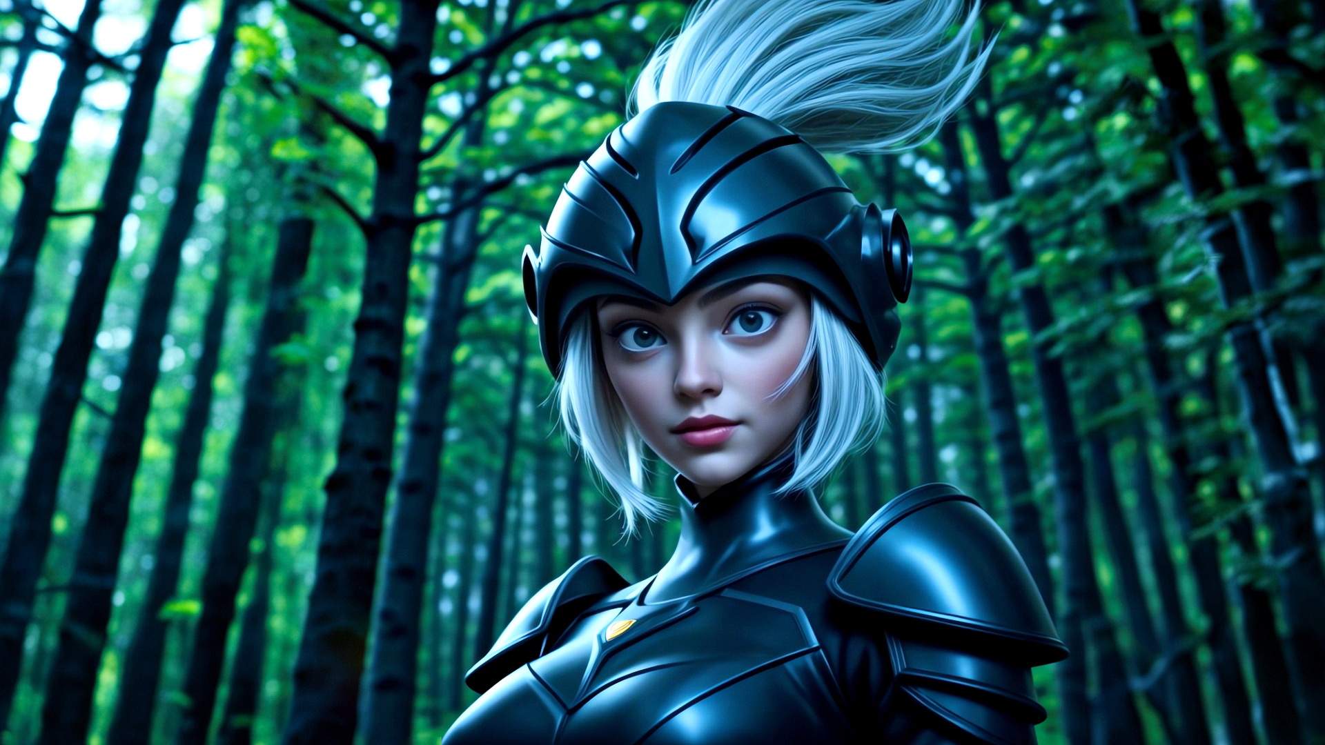 森林背景下身着黑色盔甲、头戴黑色头盔的少女骑士