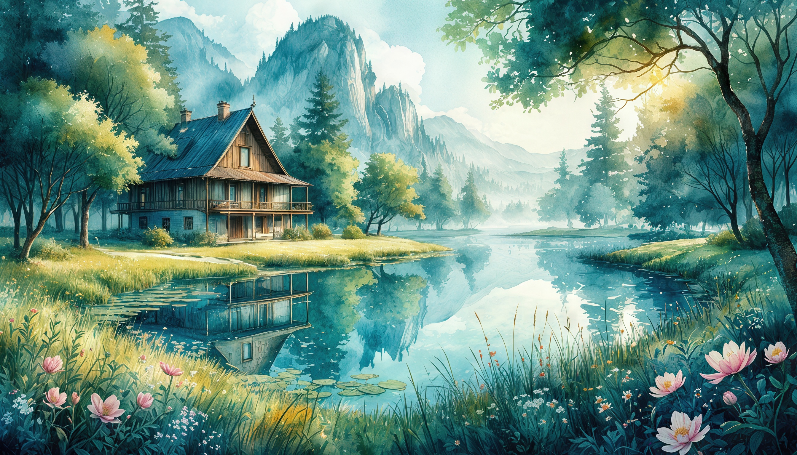 Бесплатное фото Деревянным домом на берегу озера, окружённым зелёными деревьями и цветами.