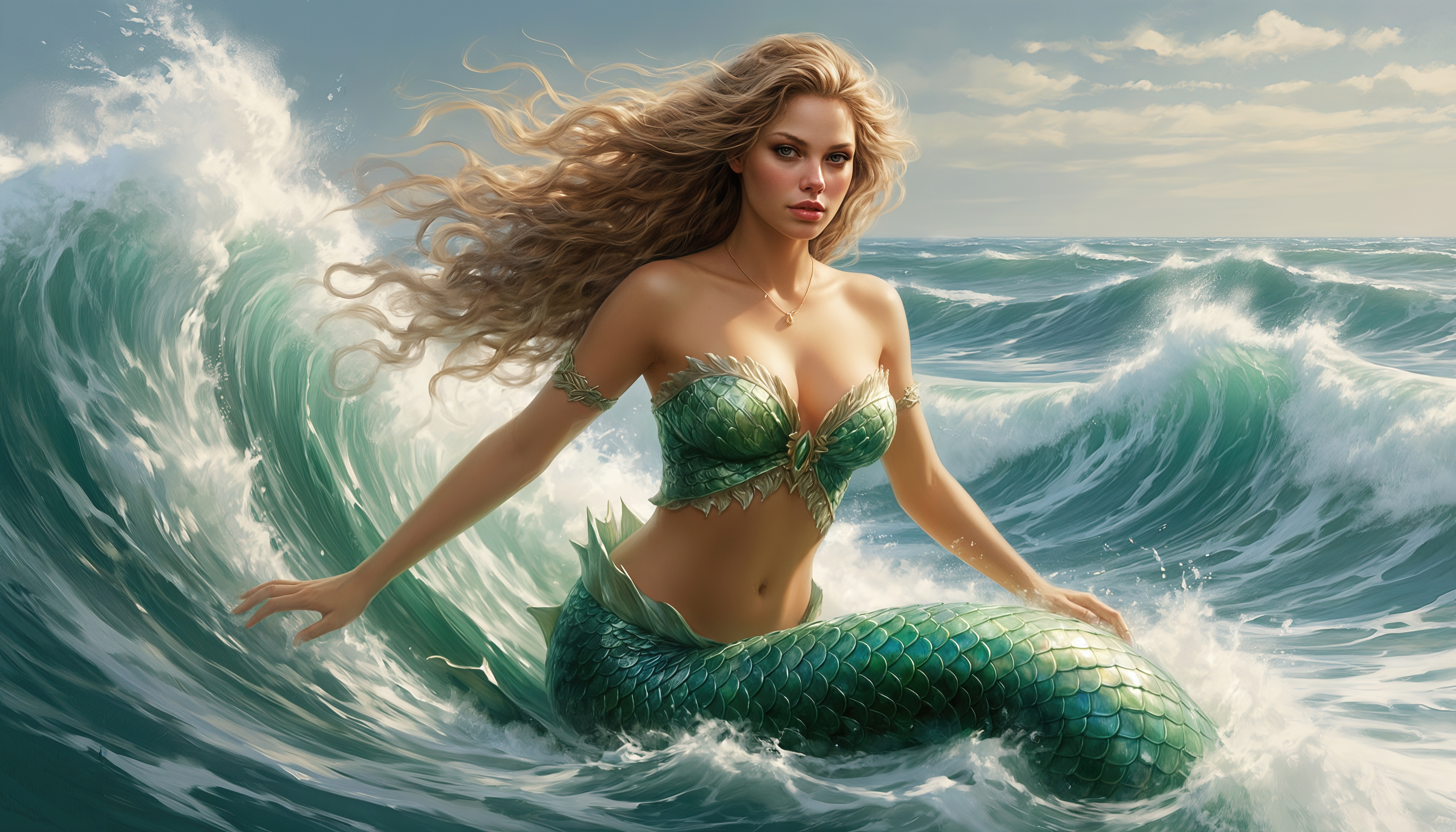 Русалка грациозно оседлала морскую волну.