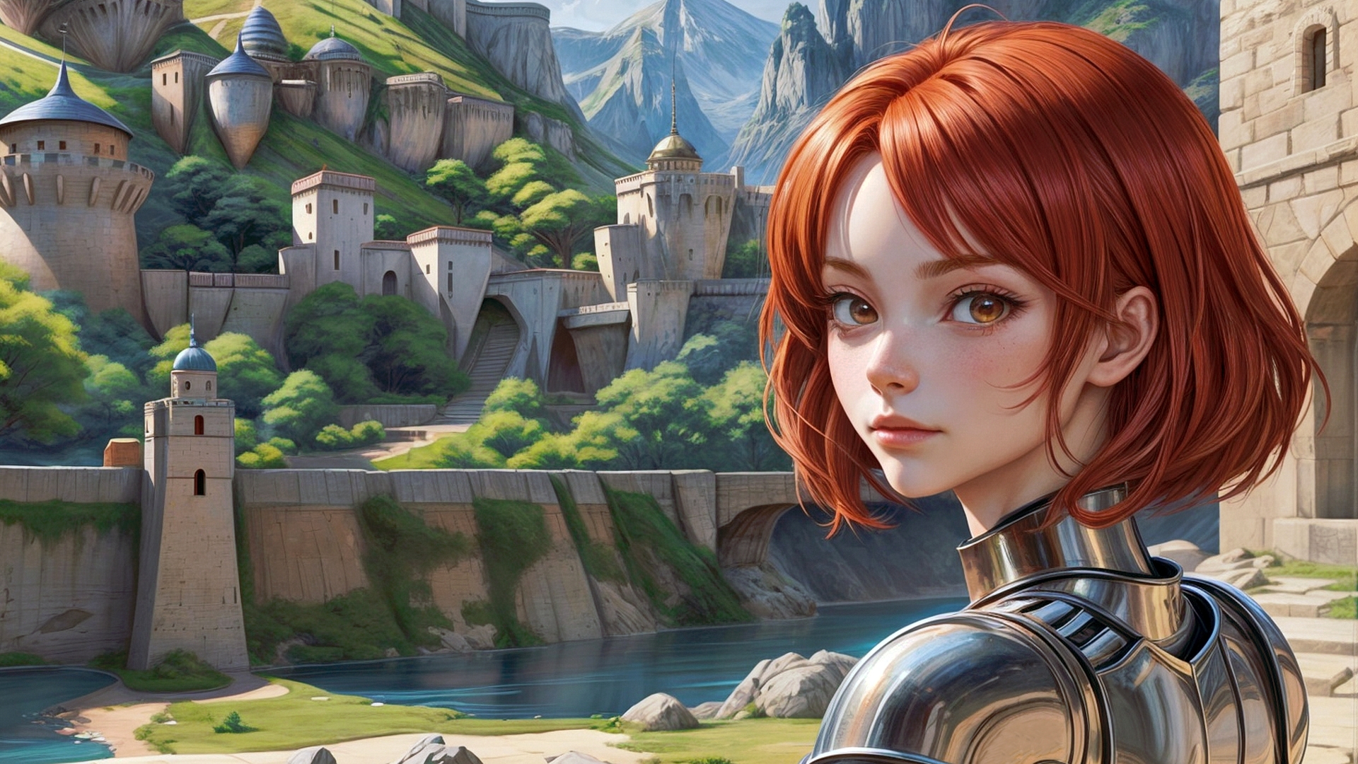 Бесплатное фото Портрет рыжеволосой девушки рыцаря в блестящих доспехах на фоне крепости