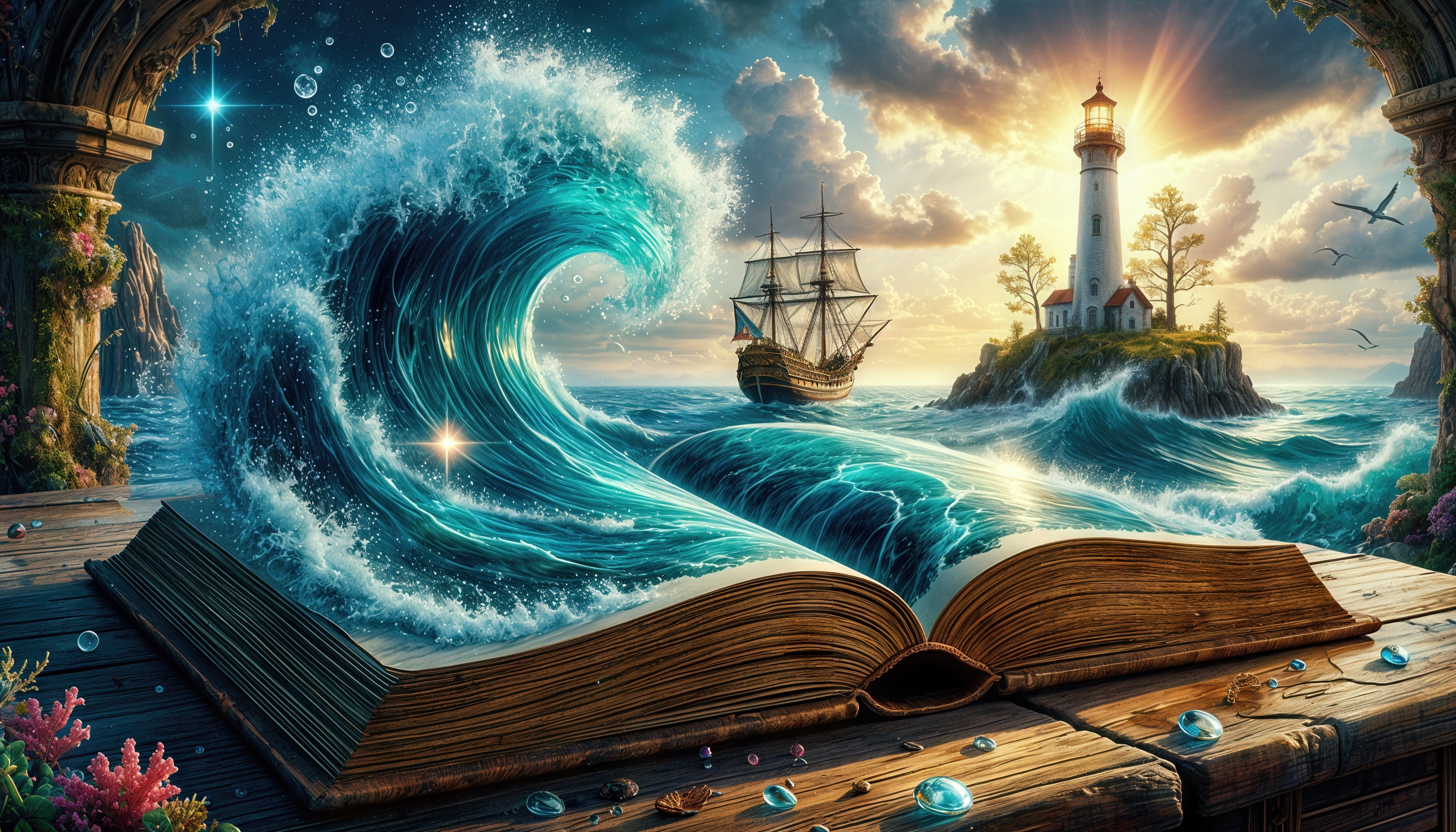 Бесплатное фото Волна выплёскивается из раскрытой книги, создавая тем самым море и корабль с маяком в нём.