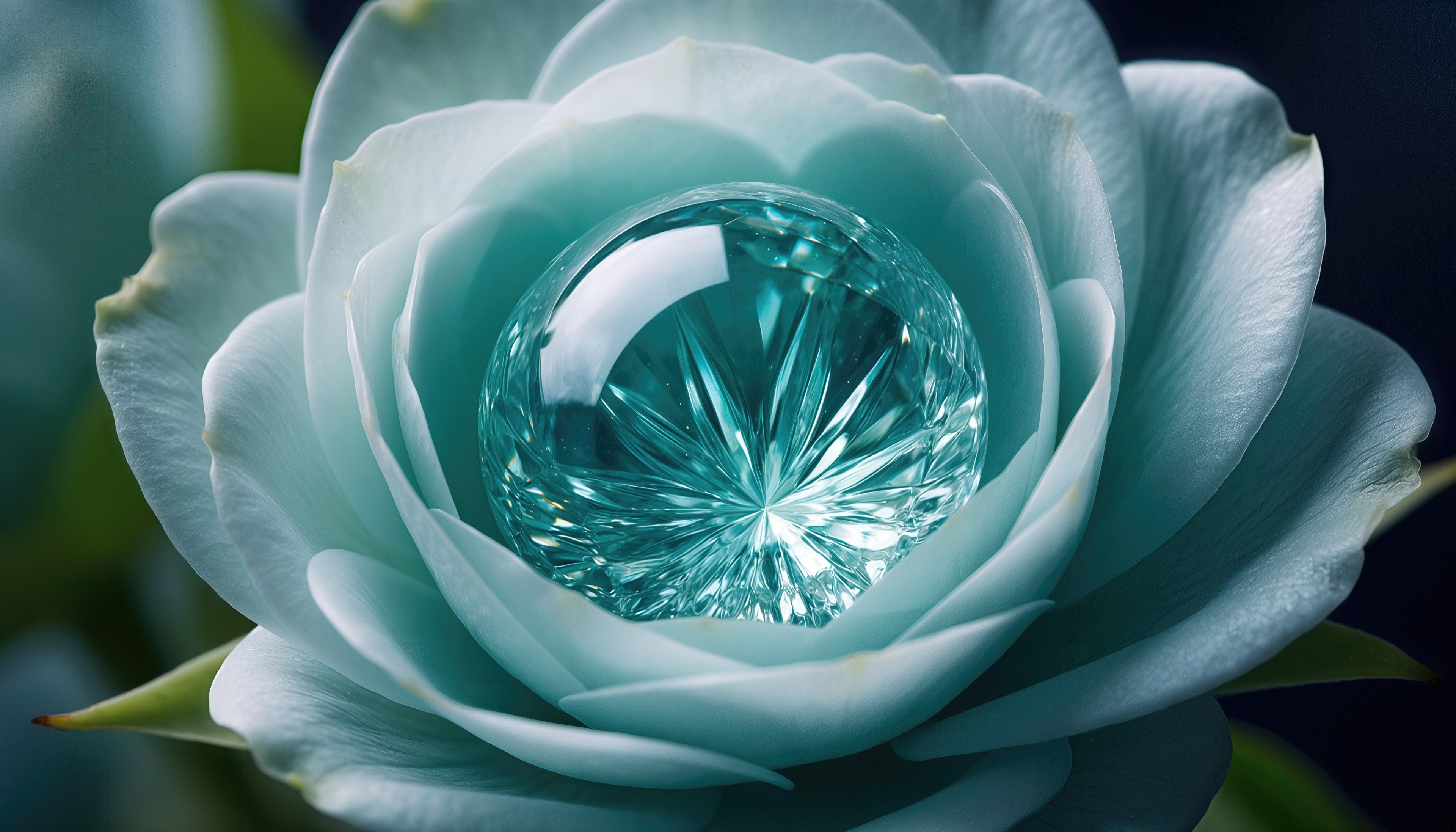 Free photo A turquoise rose with a jewel in its core is the epitome of luxury and tenderness.