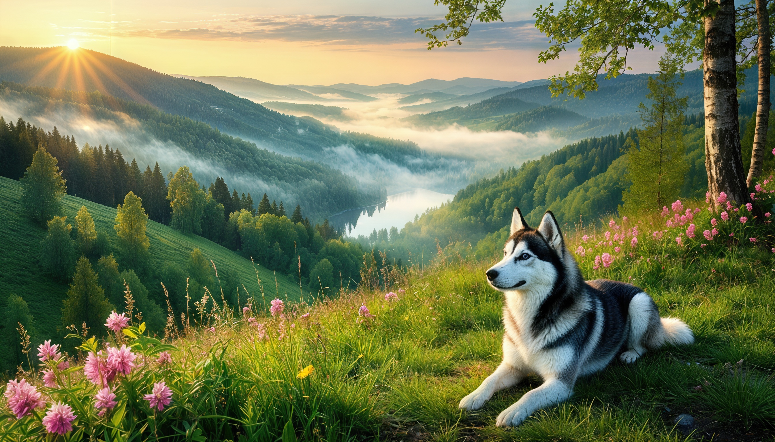 Бесплатное фото Хаски на лугу среди цветов и деревьев, горный пейзаж с туманом и солнцем.