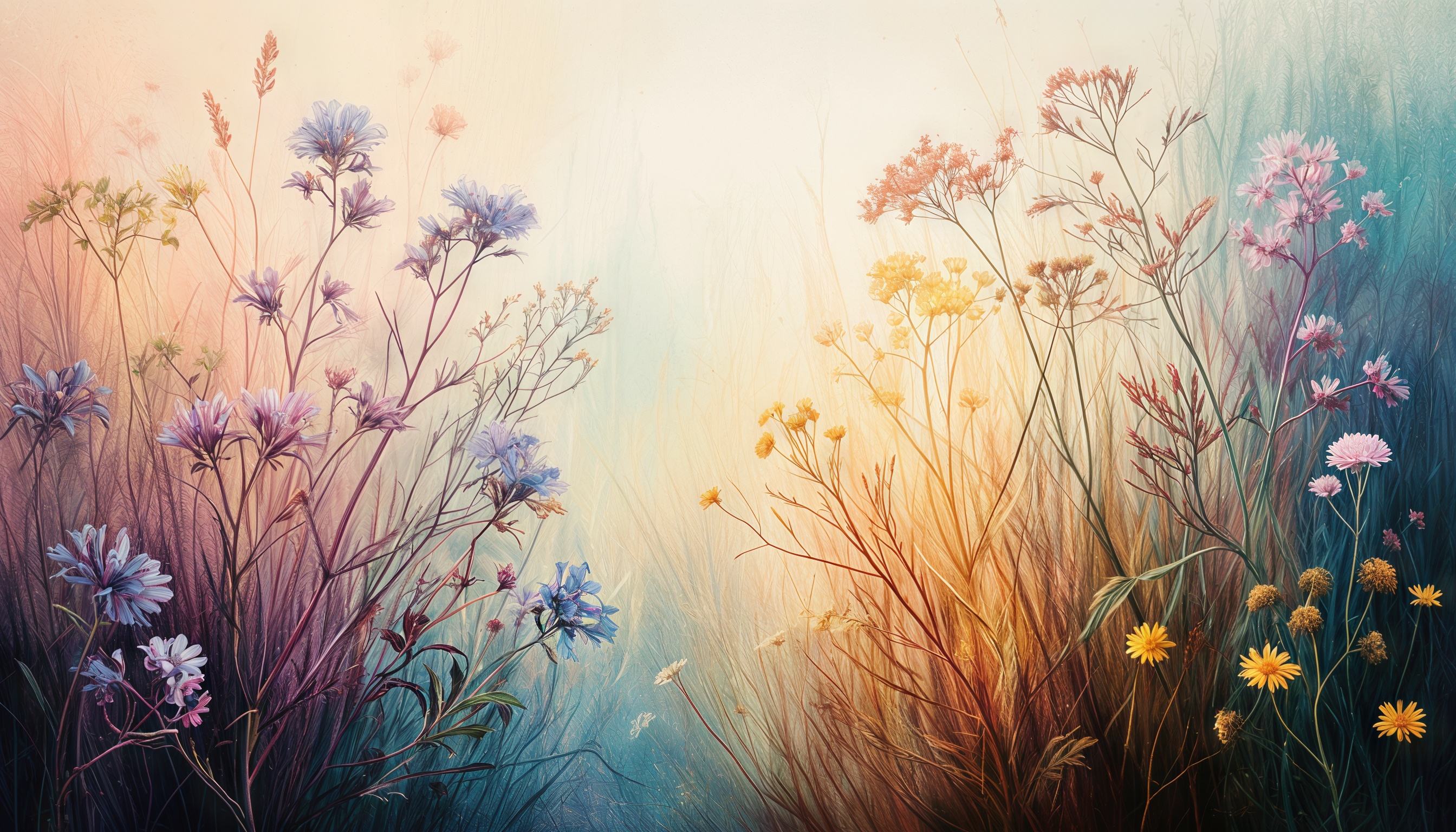 Акварельный луг: полевые цветы в нежных пастельных тонах.