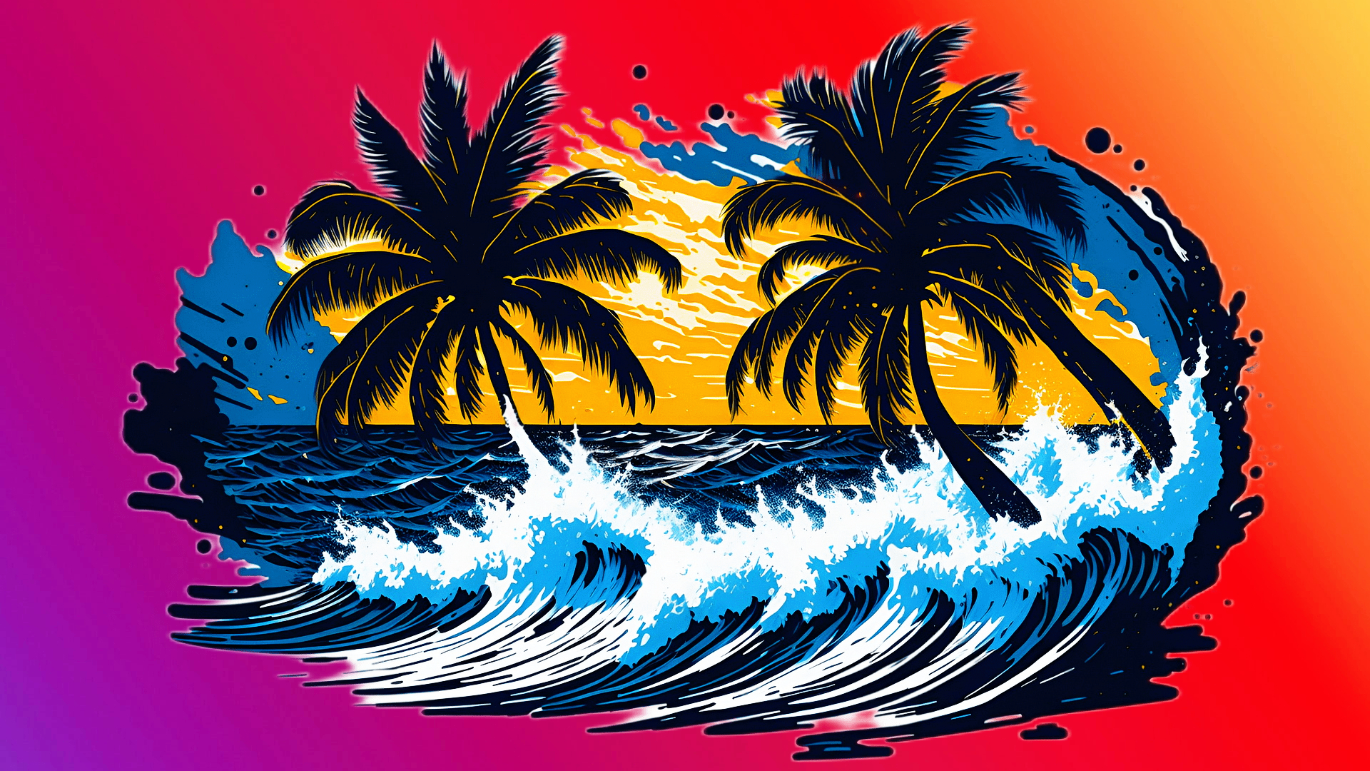 彩色背景上的棕榈树画海浪