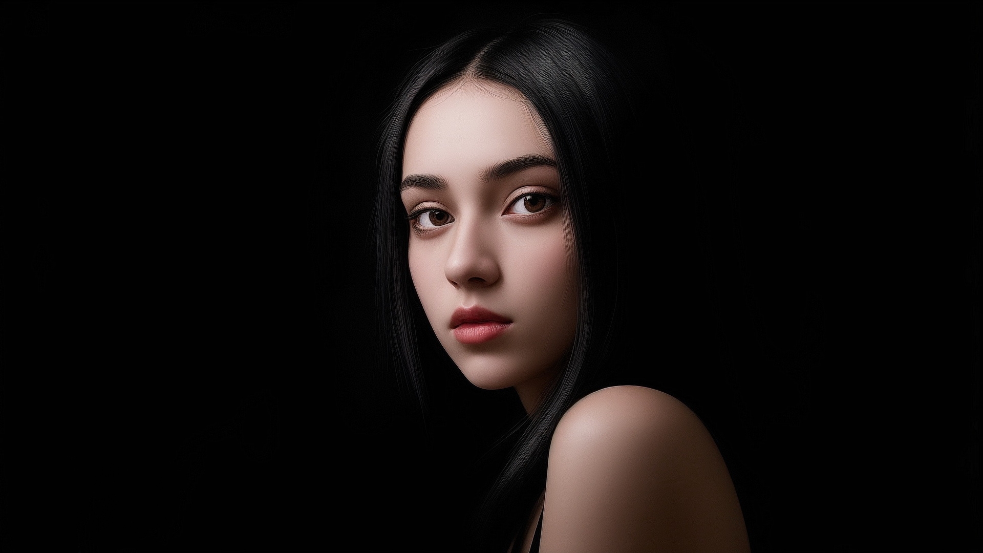 Portrait of a black-haired girl on a black background