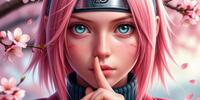 Сакура Харуно из аниме Наруто с розовыми волосами и повязкой Коноха, держит палец у губ на фоне цветов сакуры.