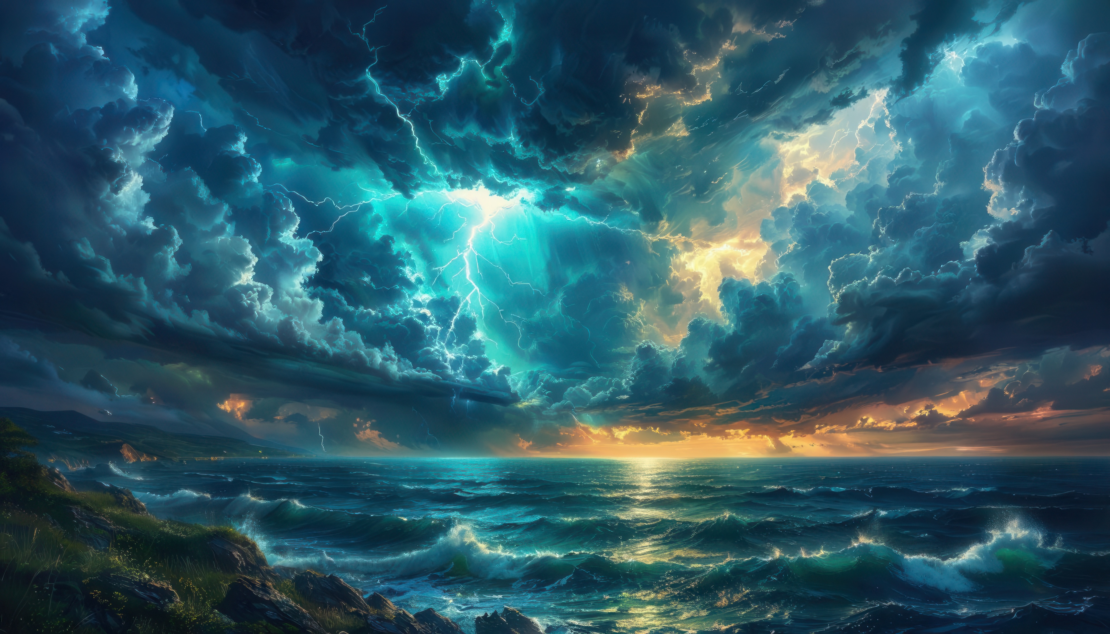 免费照片狂风暴雨的天空下汹涌的大海,被闪电照亮.