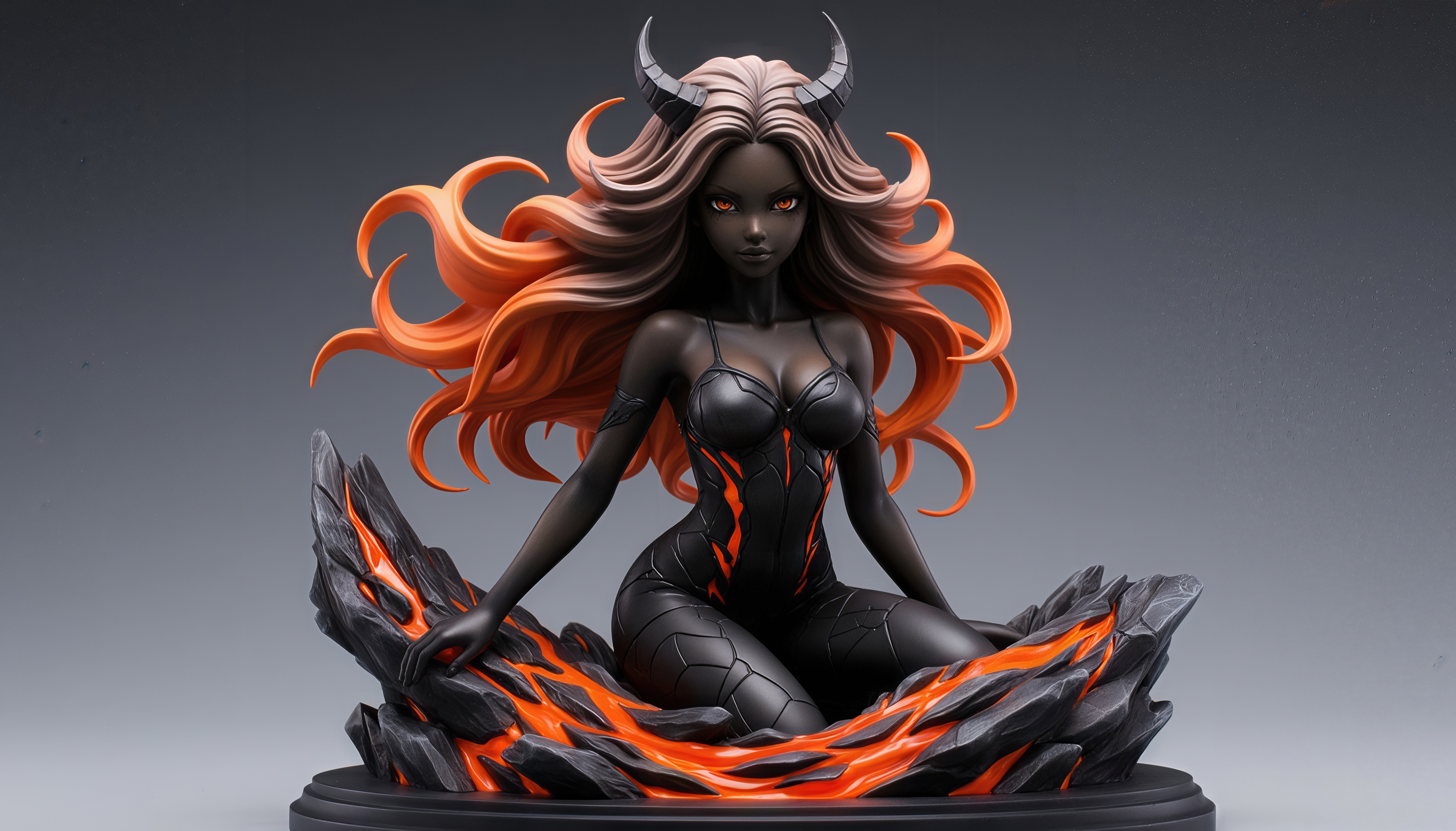 Free photo A dark-skinned demoness in AI art erotically poses in a tight-fitting bodysuit in the middle of fiery lava.