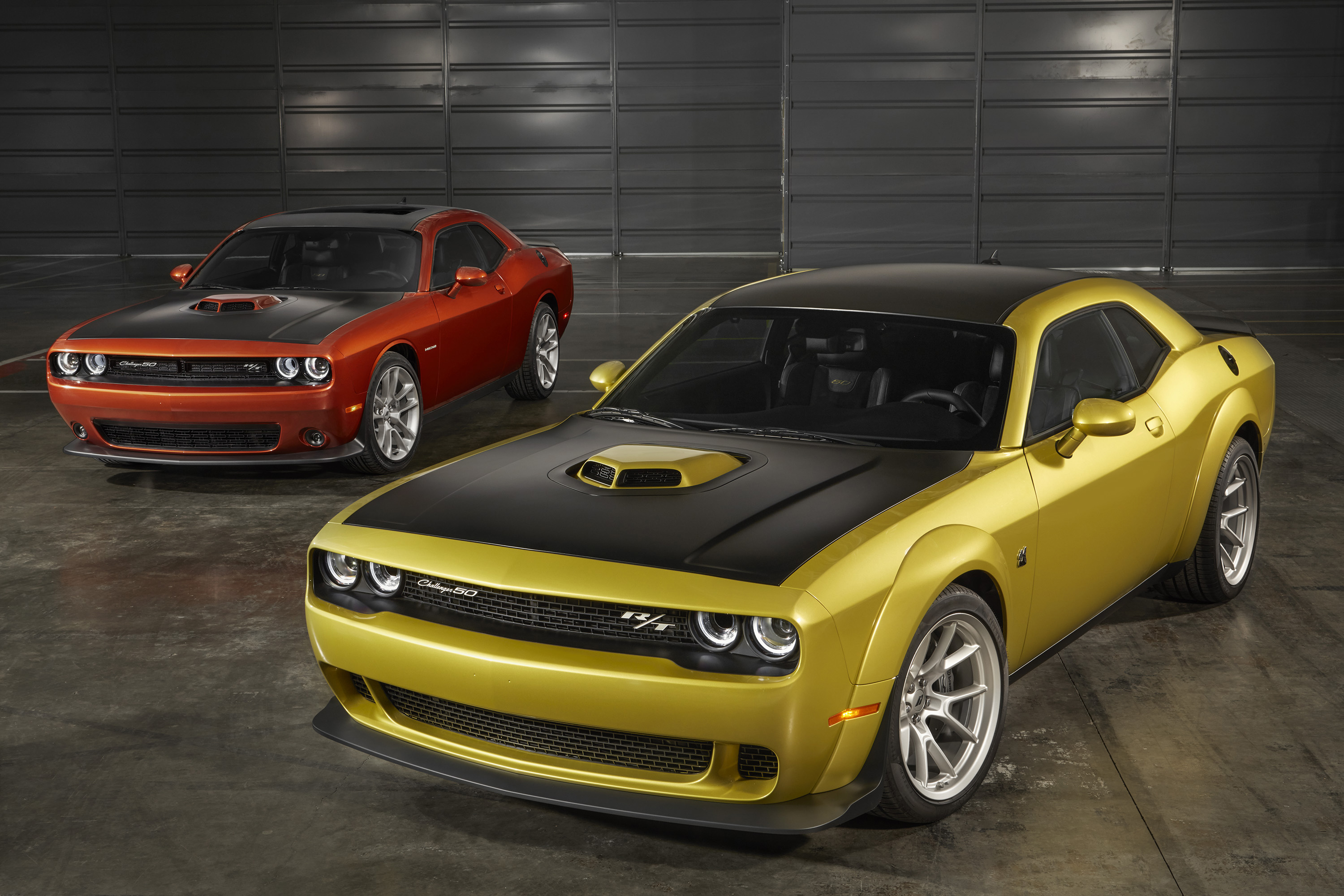 Dodge Challenger in gold and red.