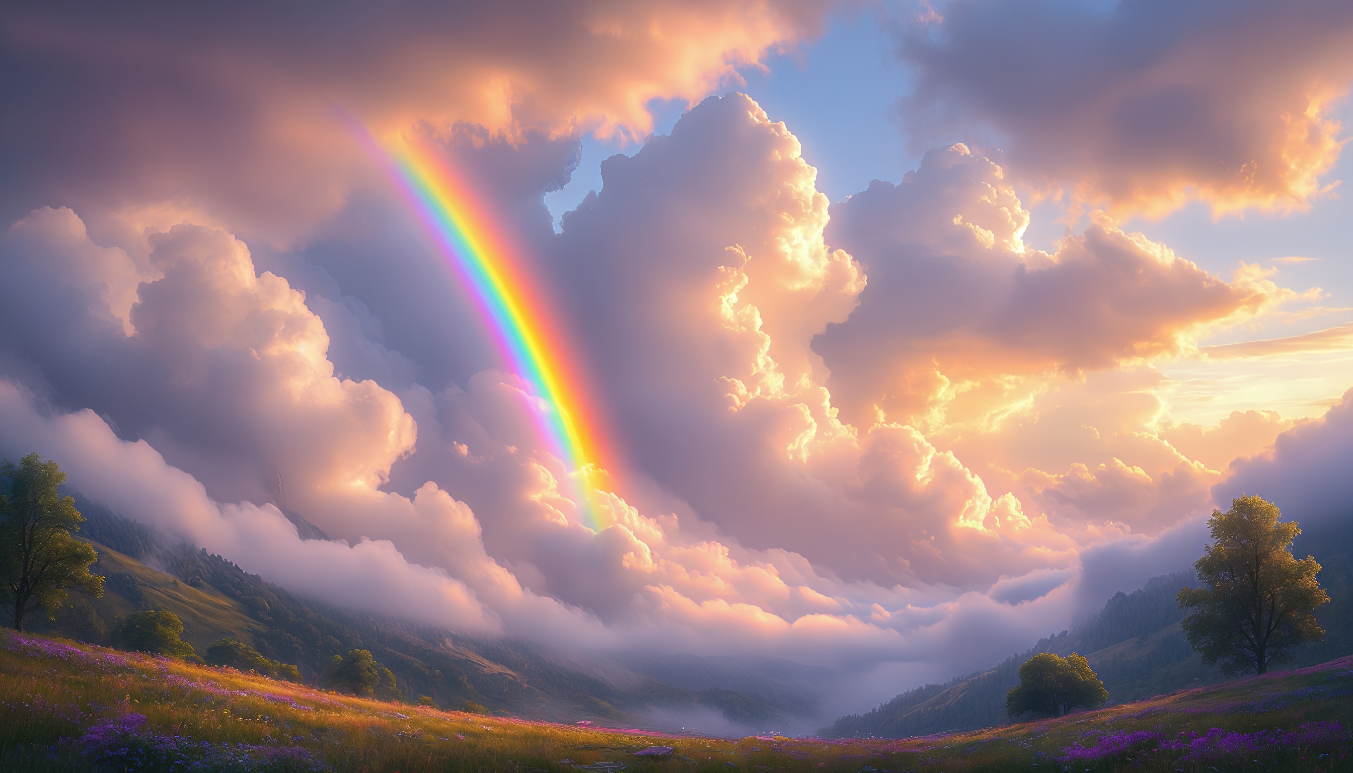 Бесплатное фото Радуга пересекает небо над цветущим лугом, создавая волшебный пейзаж.