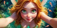 Фея с огненными волосами и изумрудными глазами крупным планом на фоне водоёма.