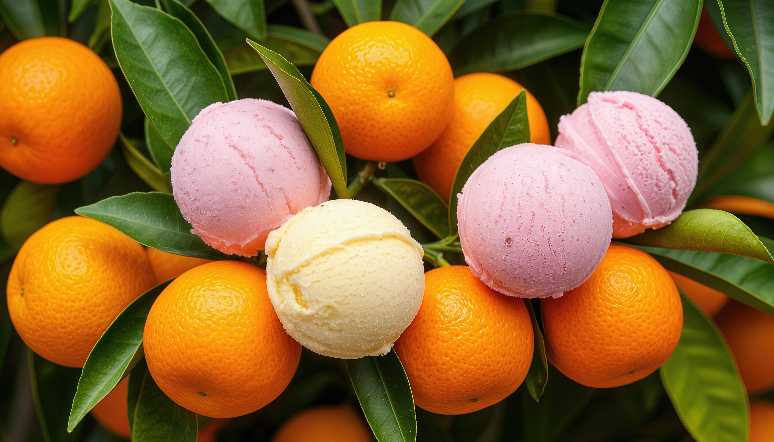 Бесплатное фото Мандарины на ветке и шарики мороженого.