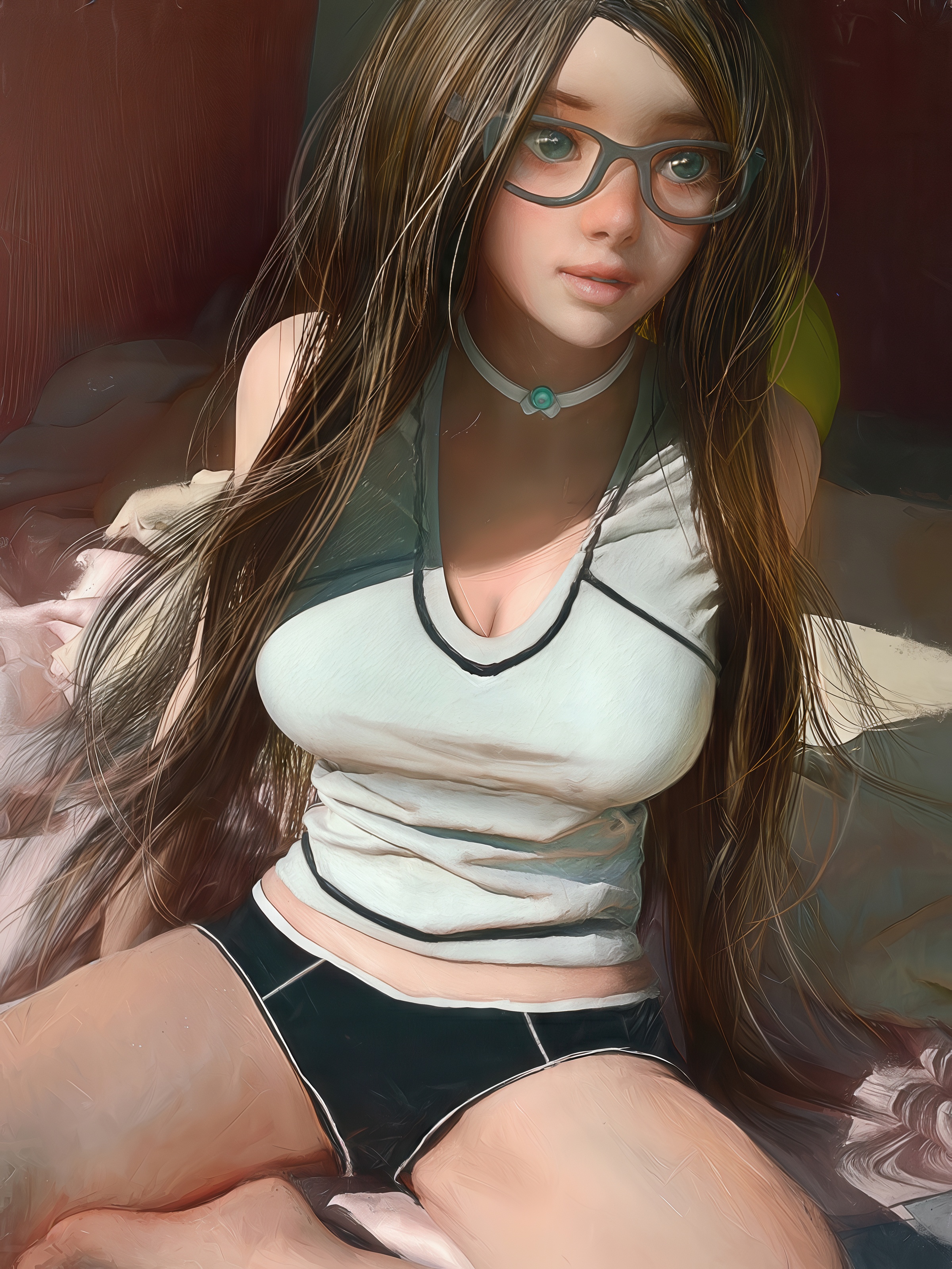 Бесплатное фото Девушка в стиле аниме с длинными волосами, в очках, белой майке и черных трусиках, сидящая на кровати.
