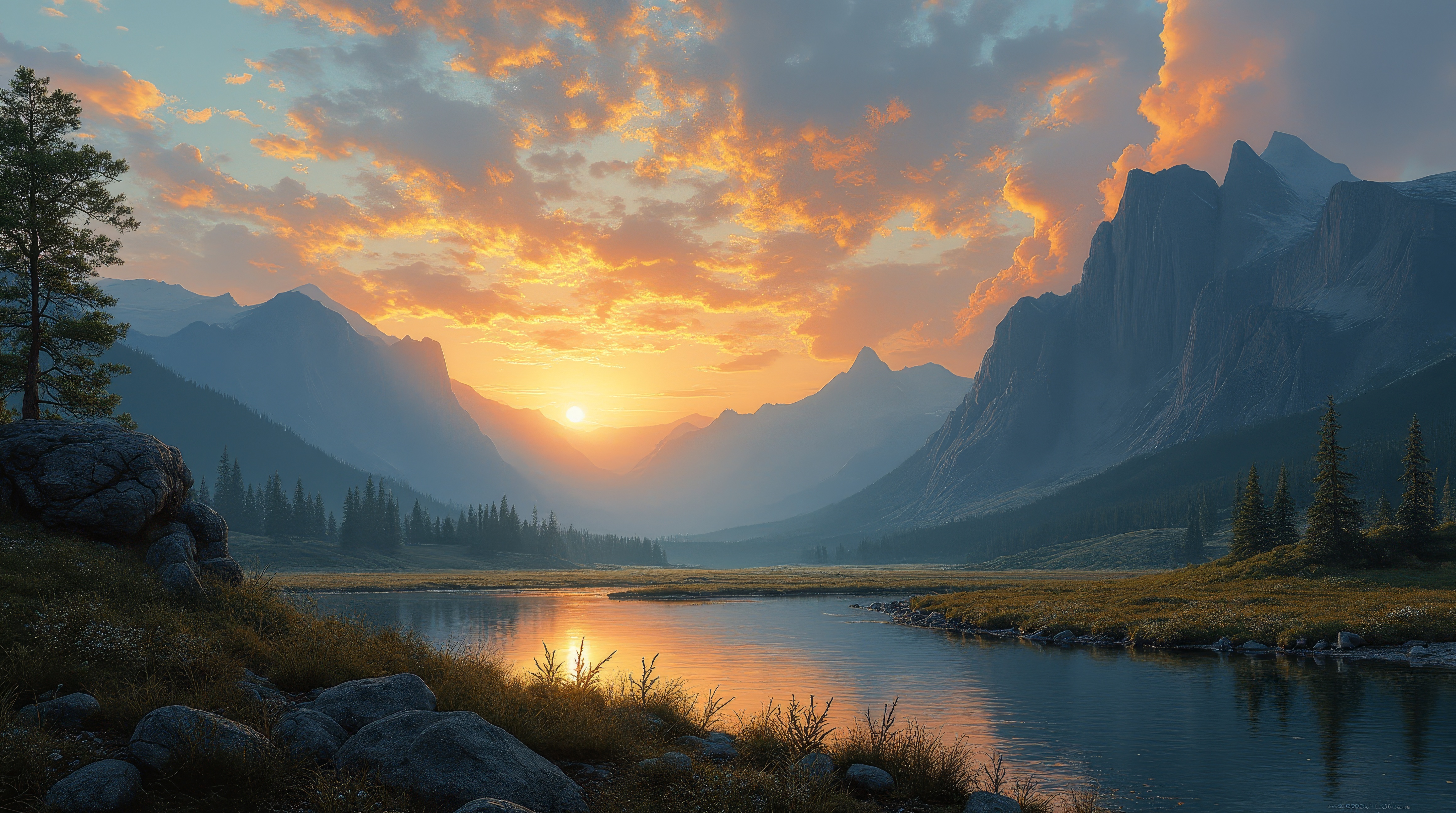 Бесплатное фото Солнце садится над прекрасным горным пейзажем