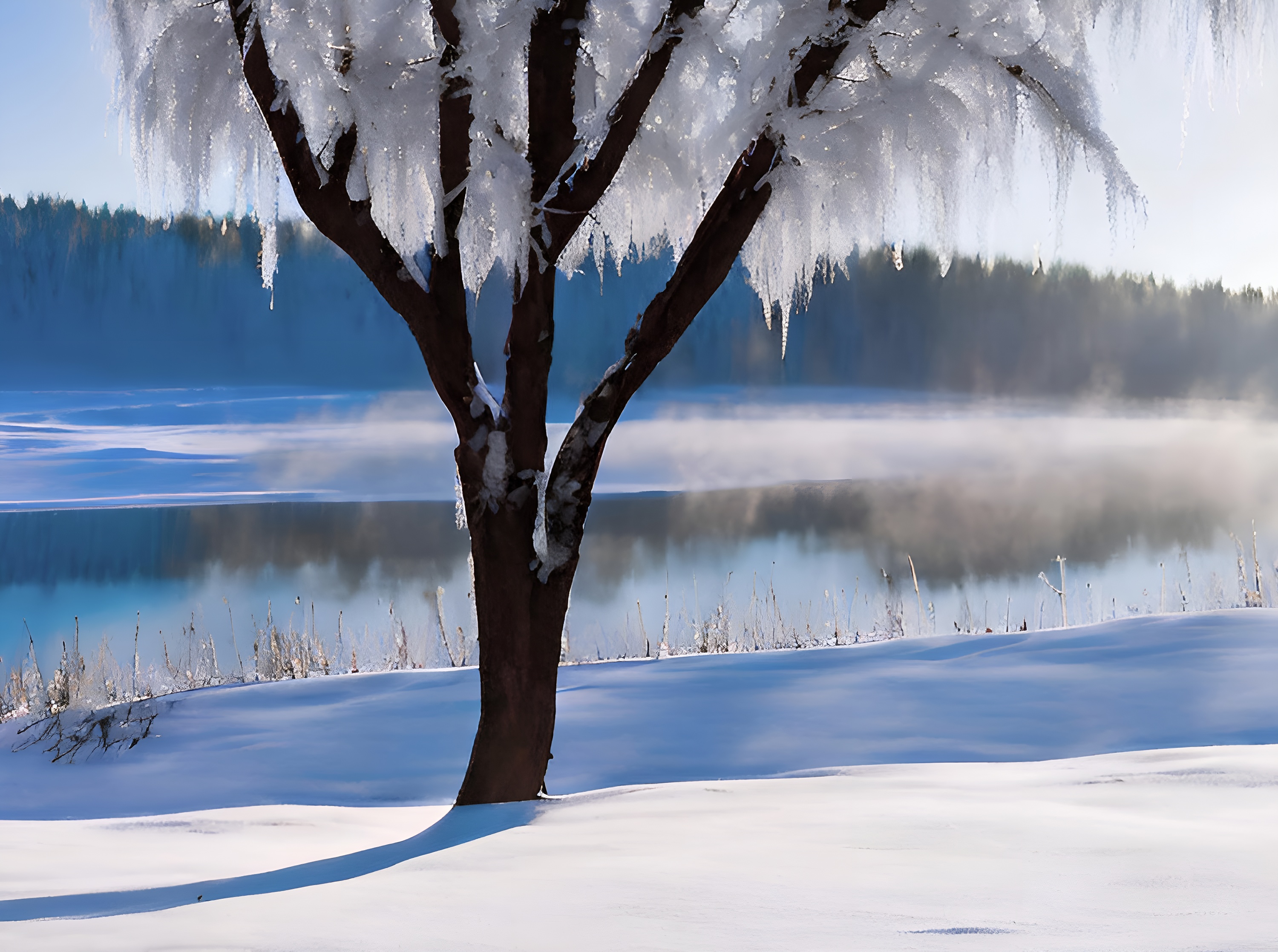 Free photo Lonely frozen tree by the river