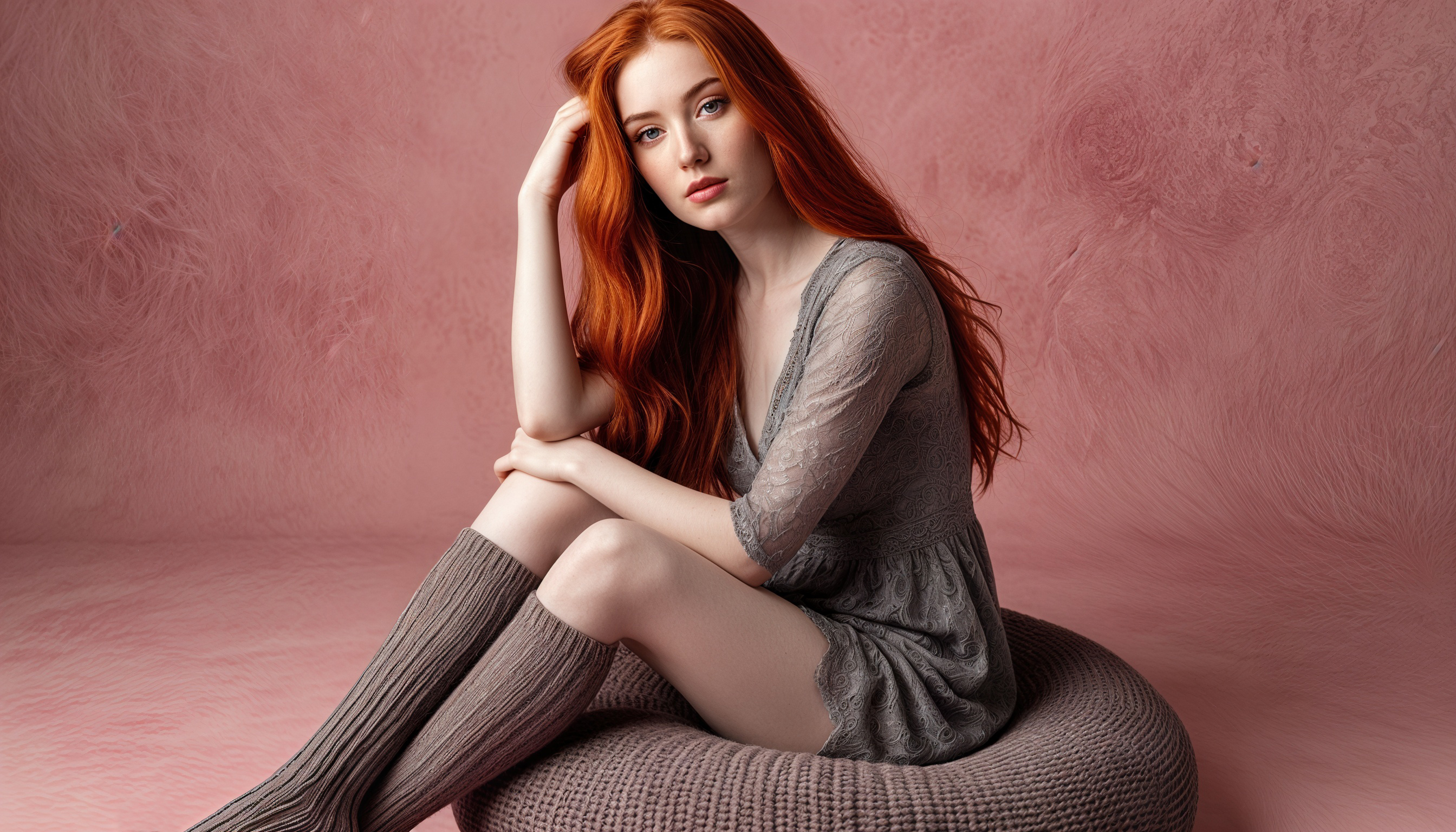 Бесплатное фото Девушка с рыжими волосами в сером платье и вязаных носках сидит на розовом фоне.