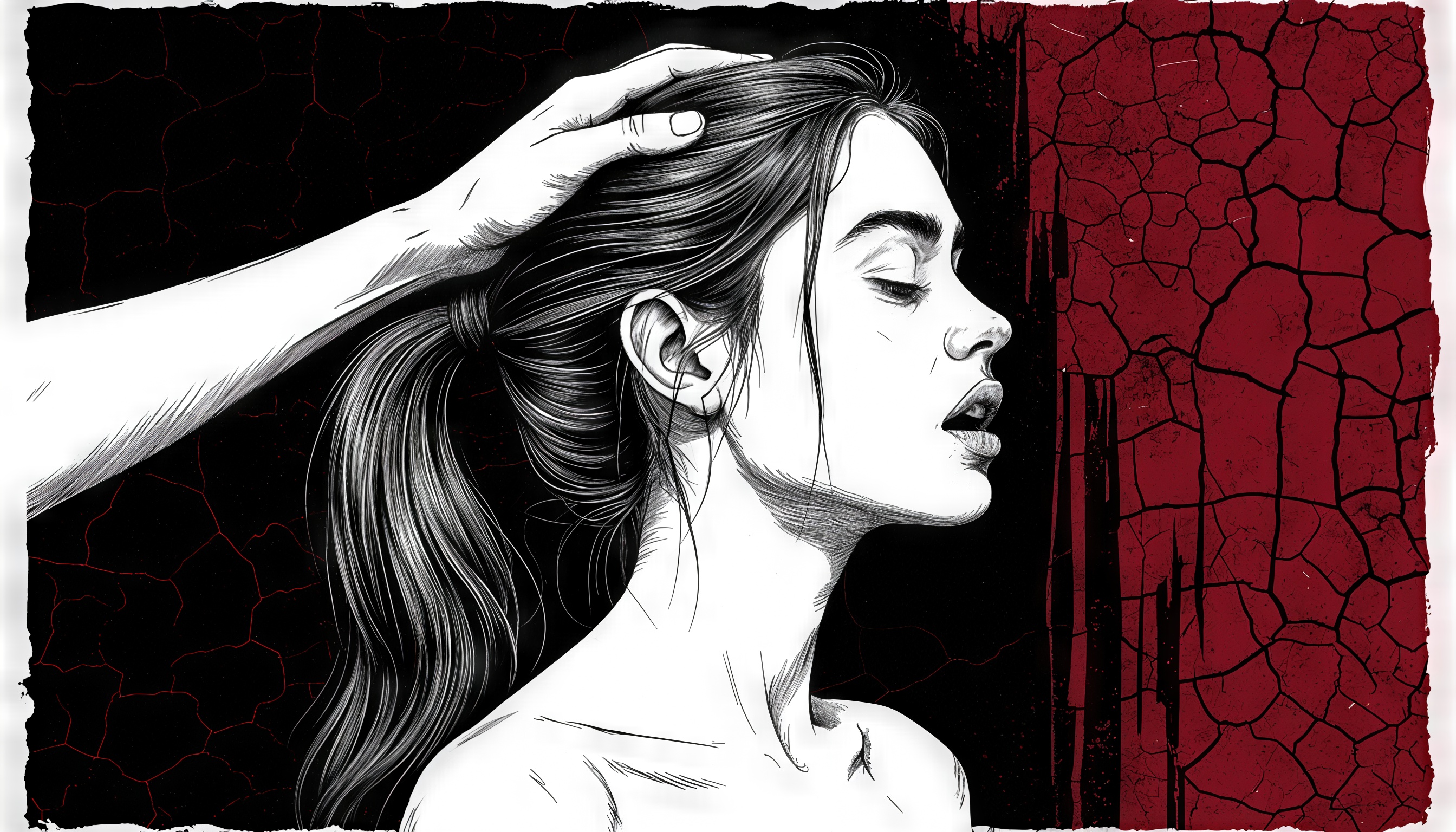 Бесплатное фото Портрет девушки с рукой на голове в стиле на фоне контрастных черных и красных трещин.