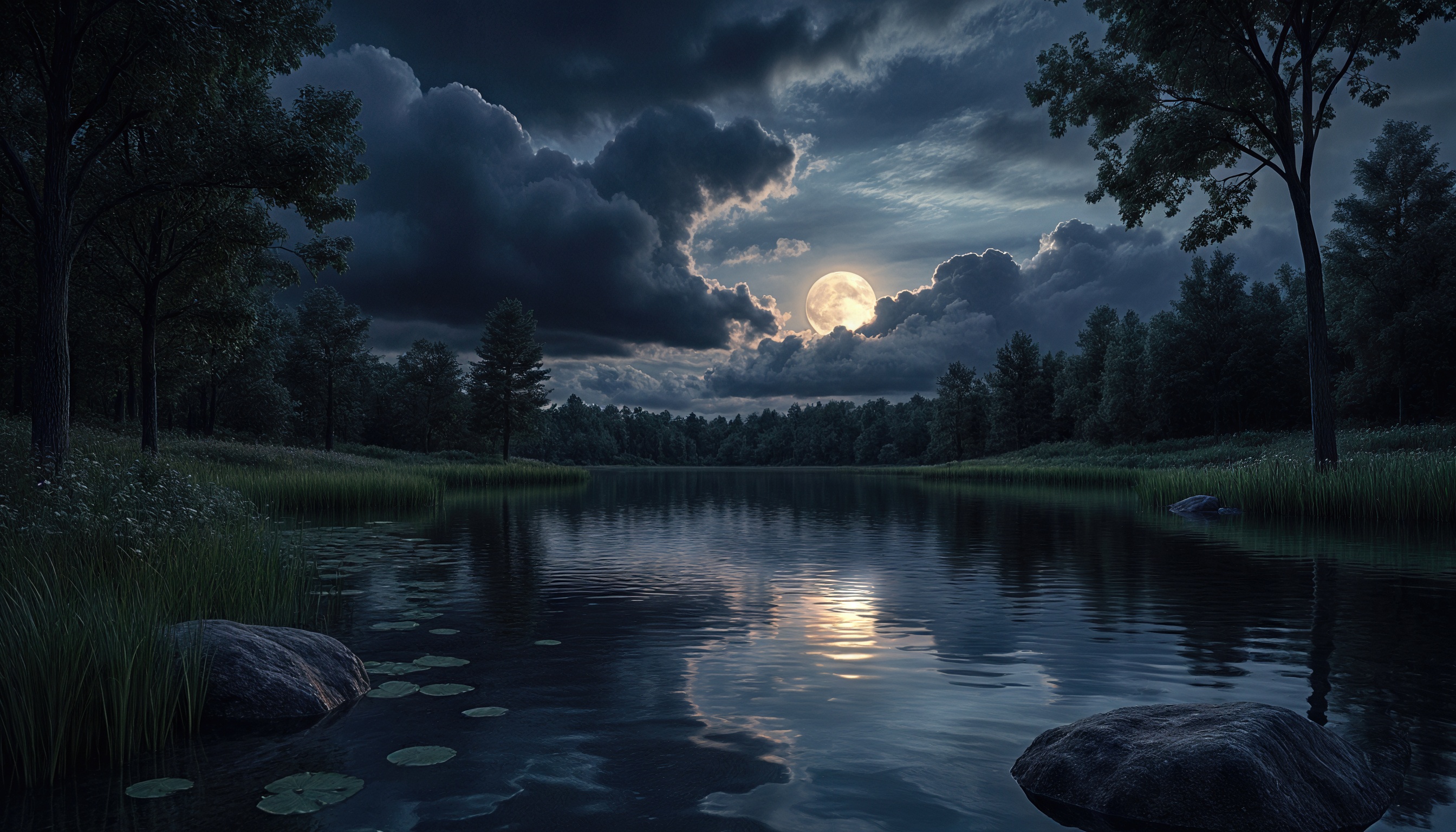 Бесплатное фото Ночной пейзаж с озером, отражением луны и лесом на заднем плане.